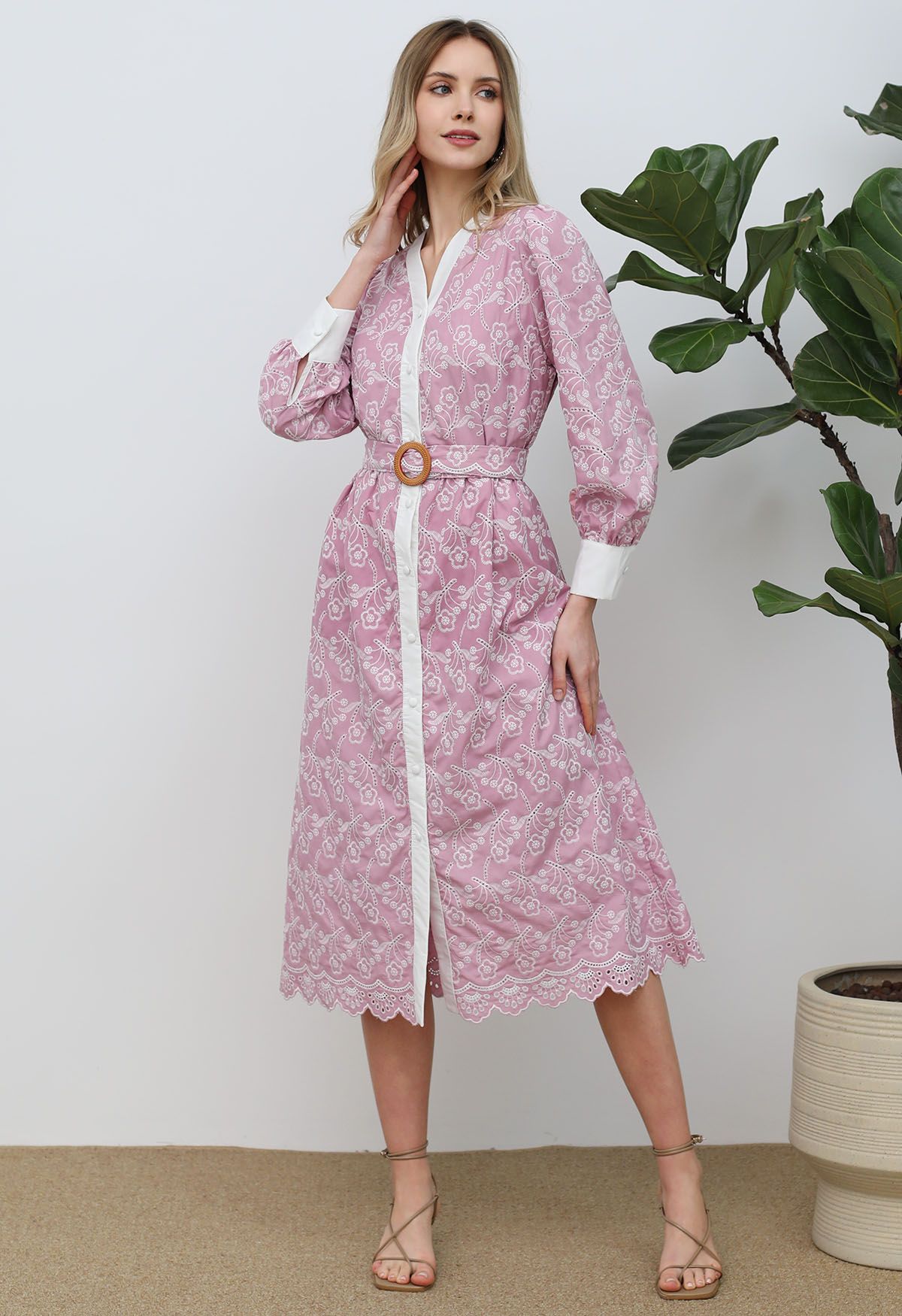 Dancing Floret Embroidered Button Down Dress in Pink