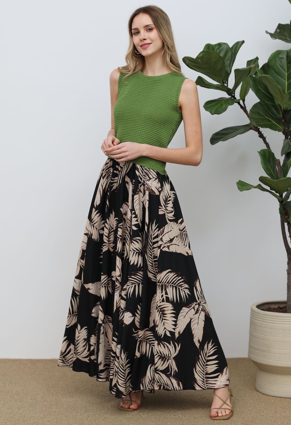 Palm Leaf Printed Chiffon Maxi Skirt