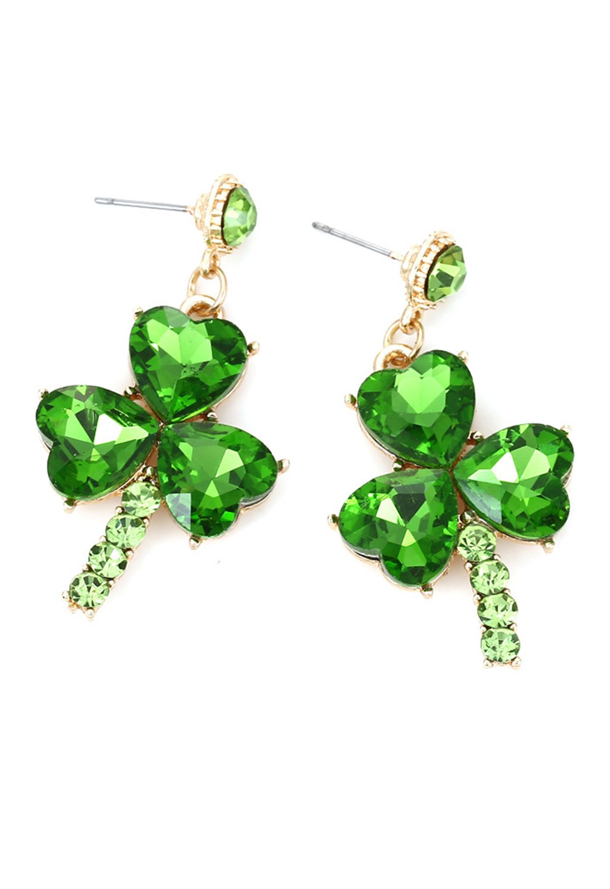 Green Rhinestone Clover Earrings