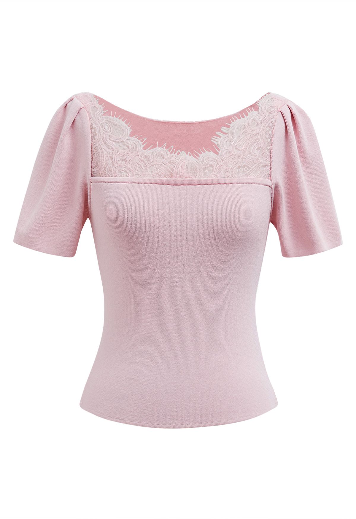 Lace Spliced Square Neckline Knit Top in Pink