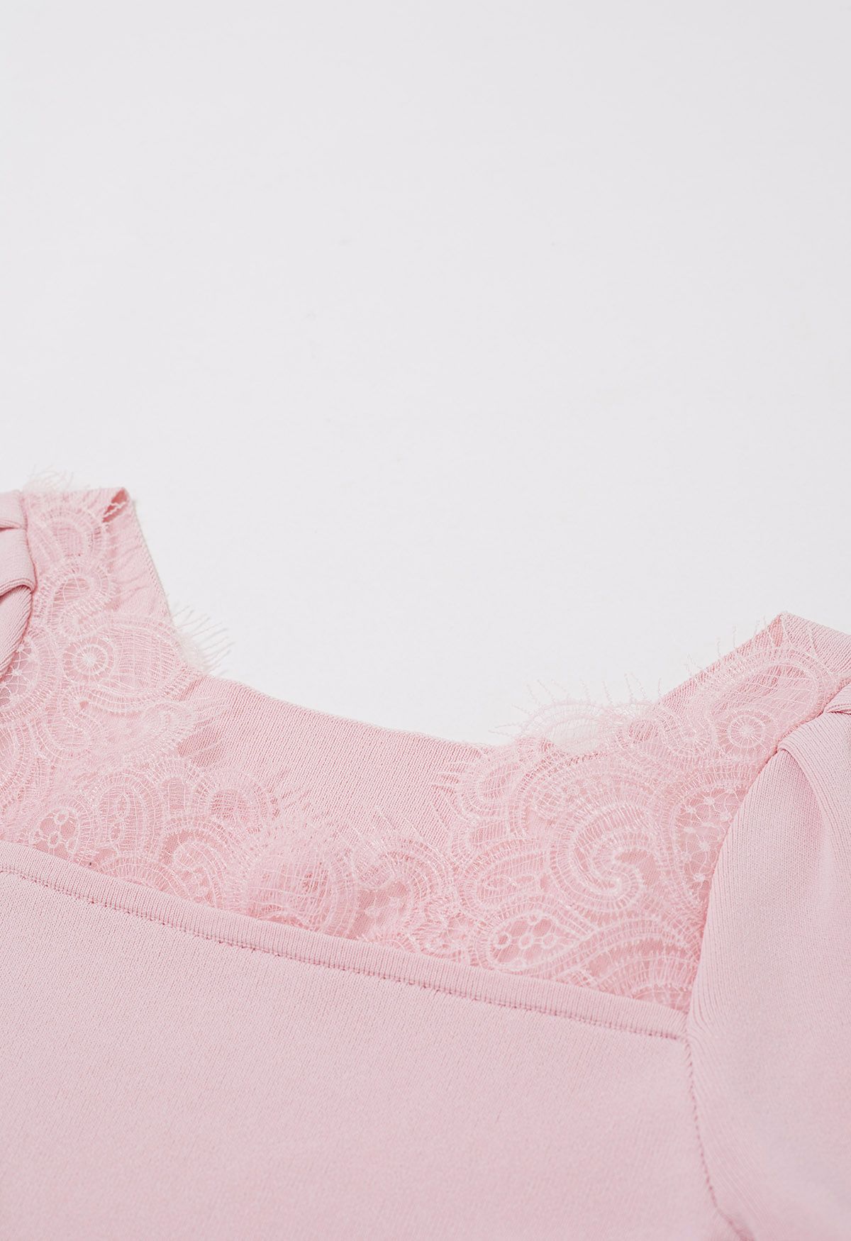 Lace Spliced Square Neckline Knit Top in Pink