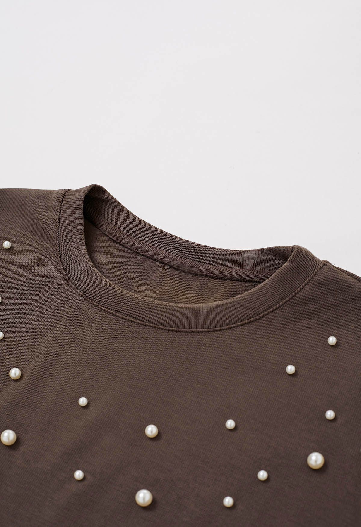 Sophisticated Pearl Trim T-Shirt in Brown