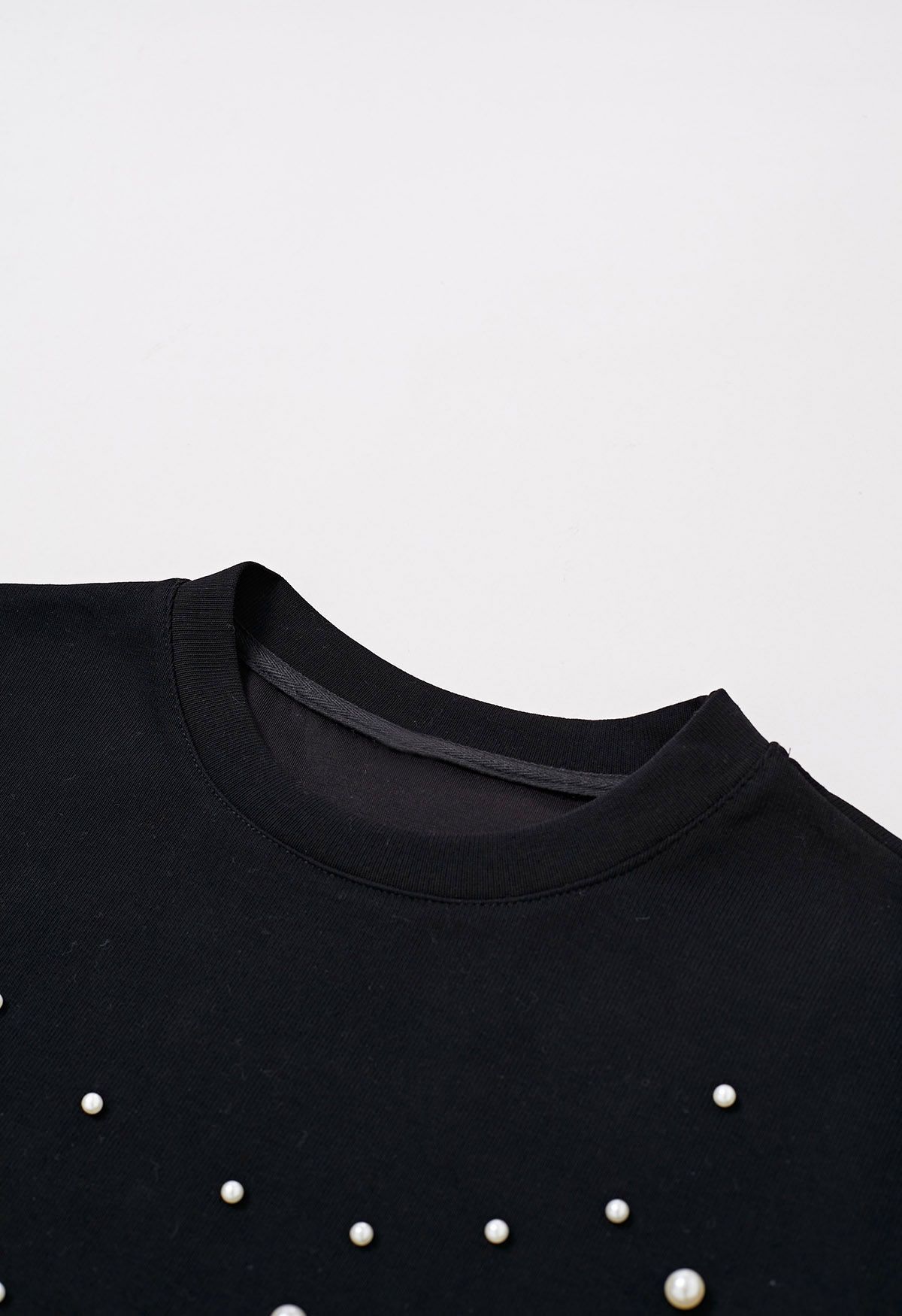 Sophisticated Pearl Trim T-Shirt in Black