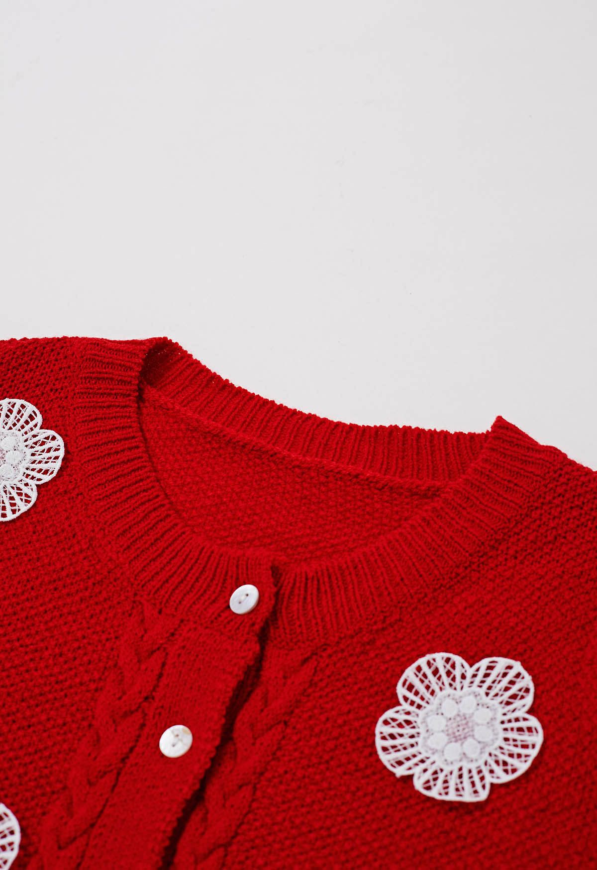 Crochet Flower Adorned Short Sleeve Knit Cardigan in Red
