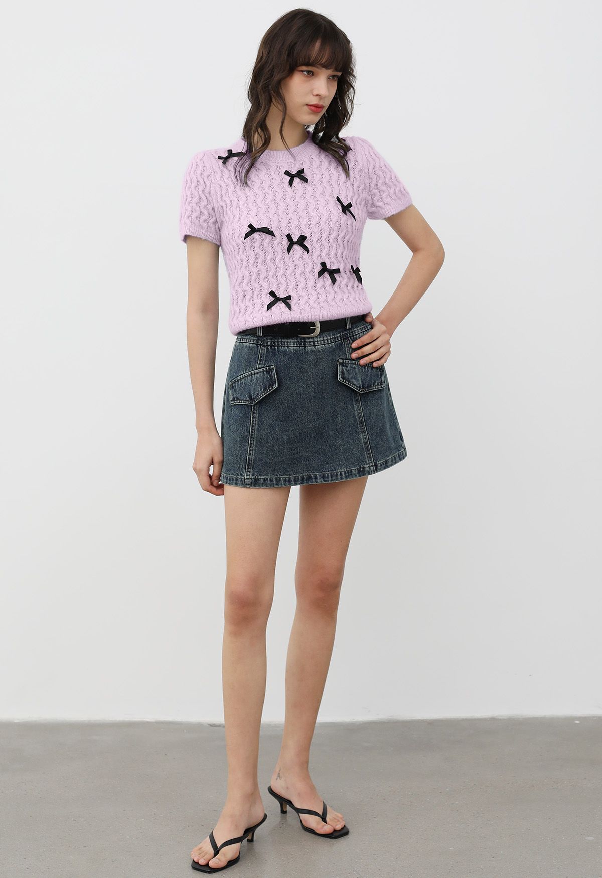 Endearing Bowknot Embellished Short Sleeve Knit Top in Lilac