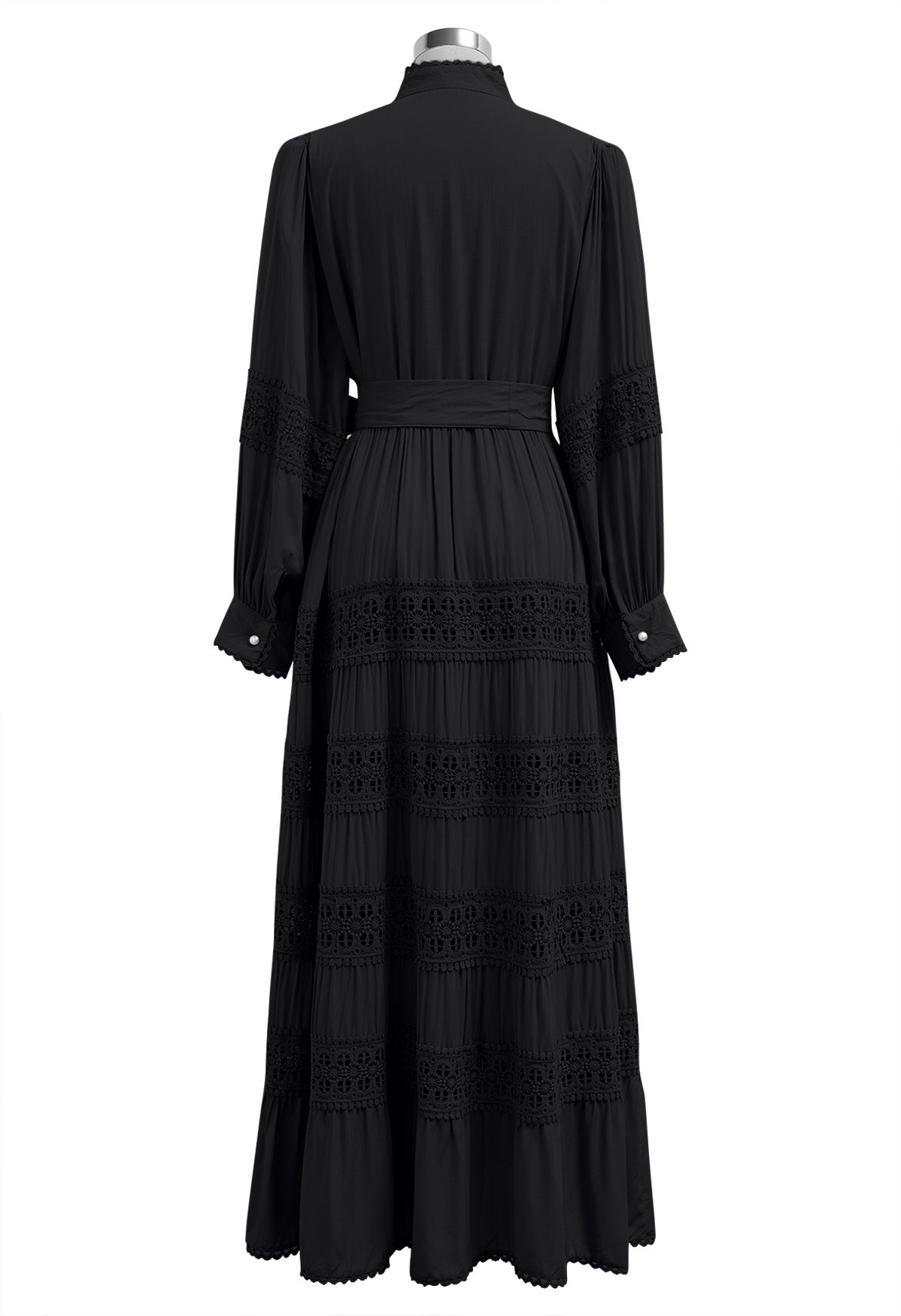 Crochet Panelled Tie-Waist Button Down Dress in Black