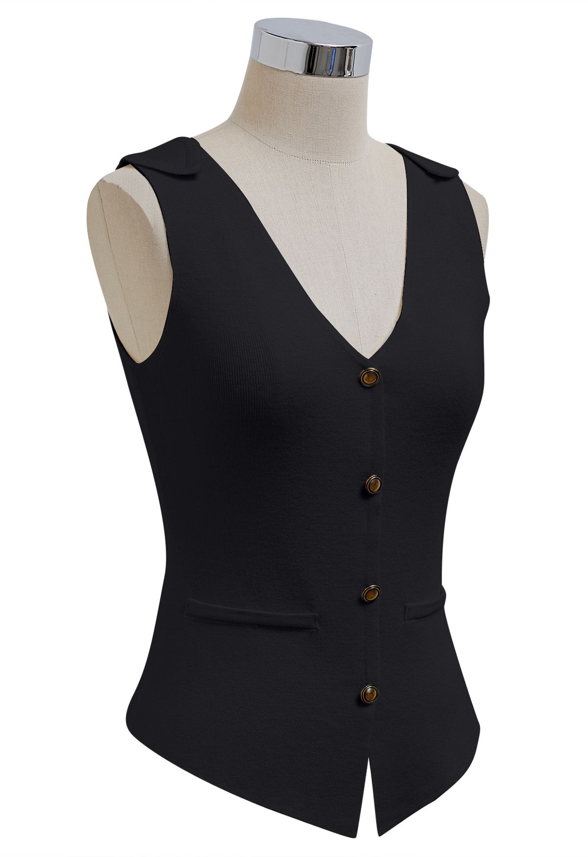 Cutout Back Buttoned Sleeveless Knit Top in Black