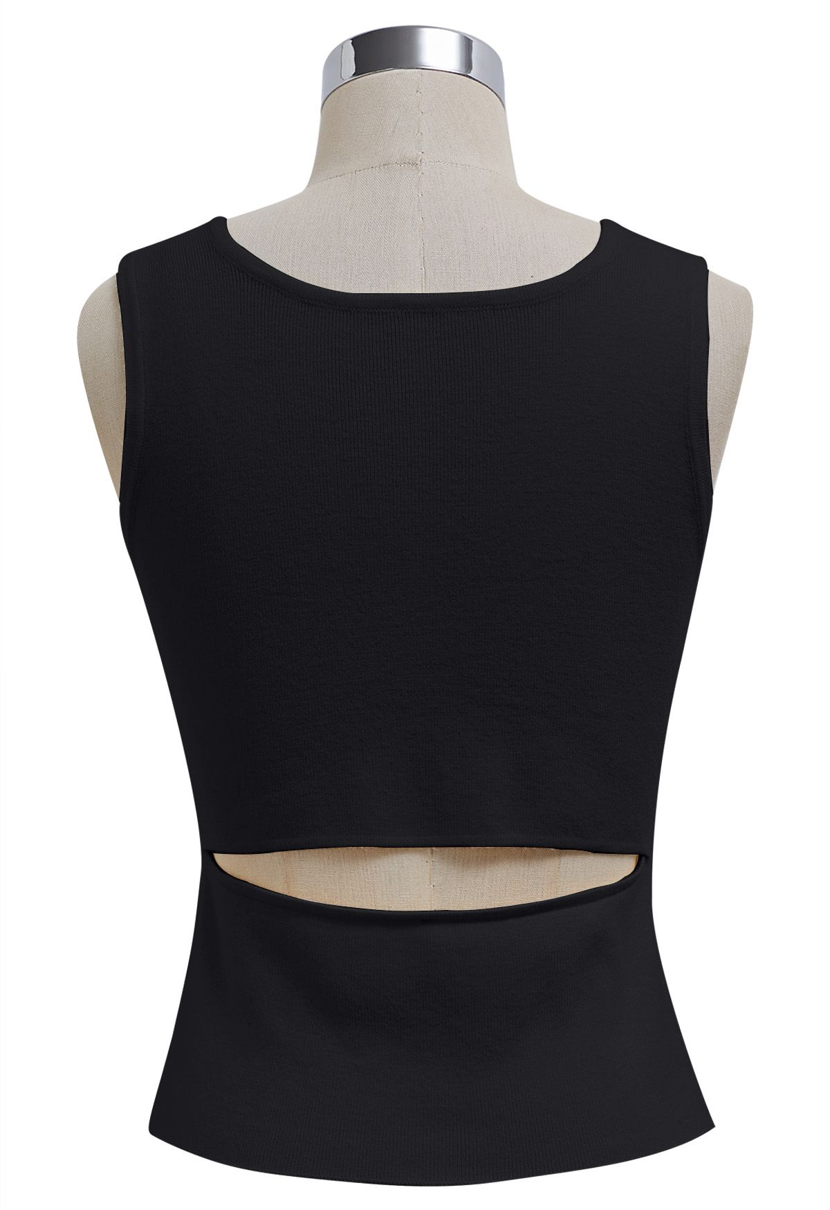 Cutout Back Buttoned Sleeveless Knit Top in Black