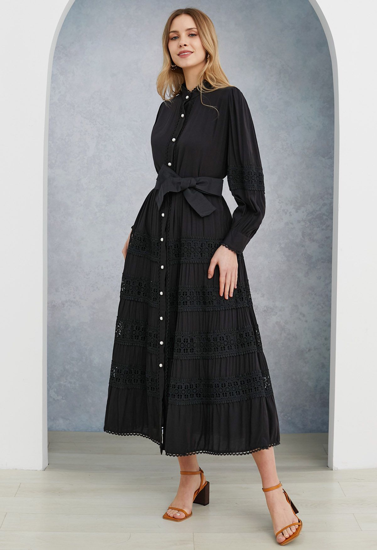 Crochet Panelled Tie-Waist Button Down Dress in Black