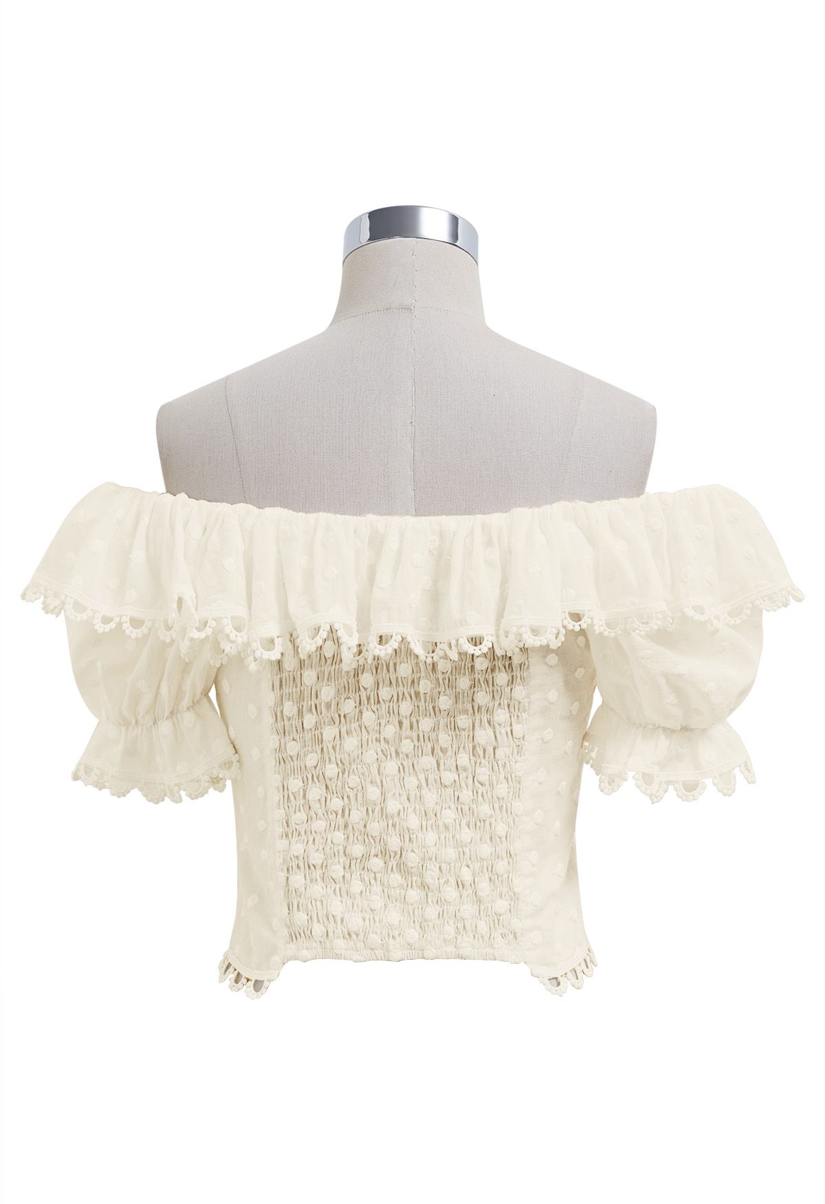 Crochet Edge Dotted Off-Shoulder Crop Top in Cream