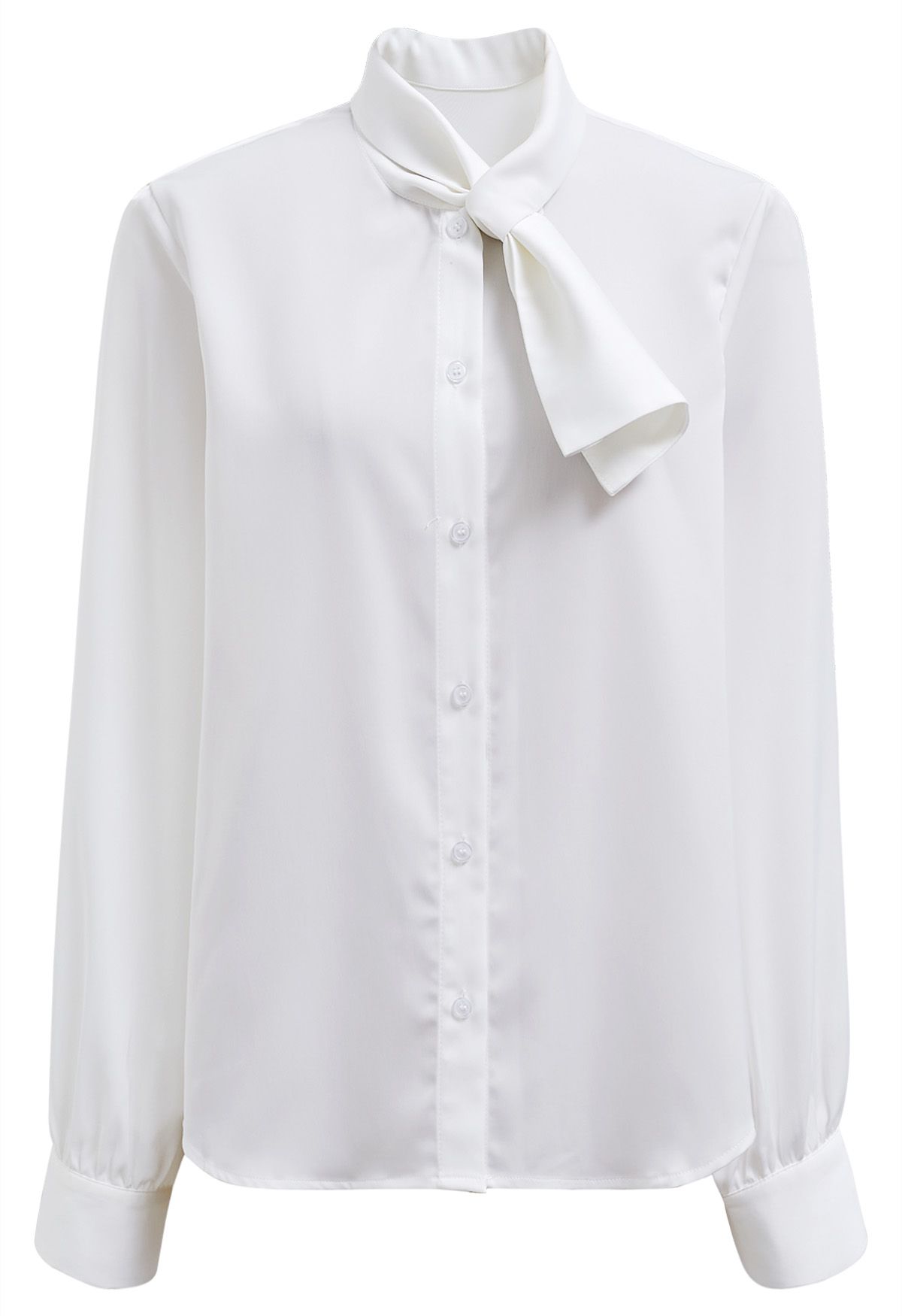Tie-Neck Button Down Satin Shirt in White
