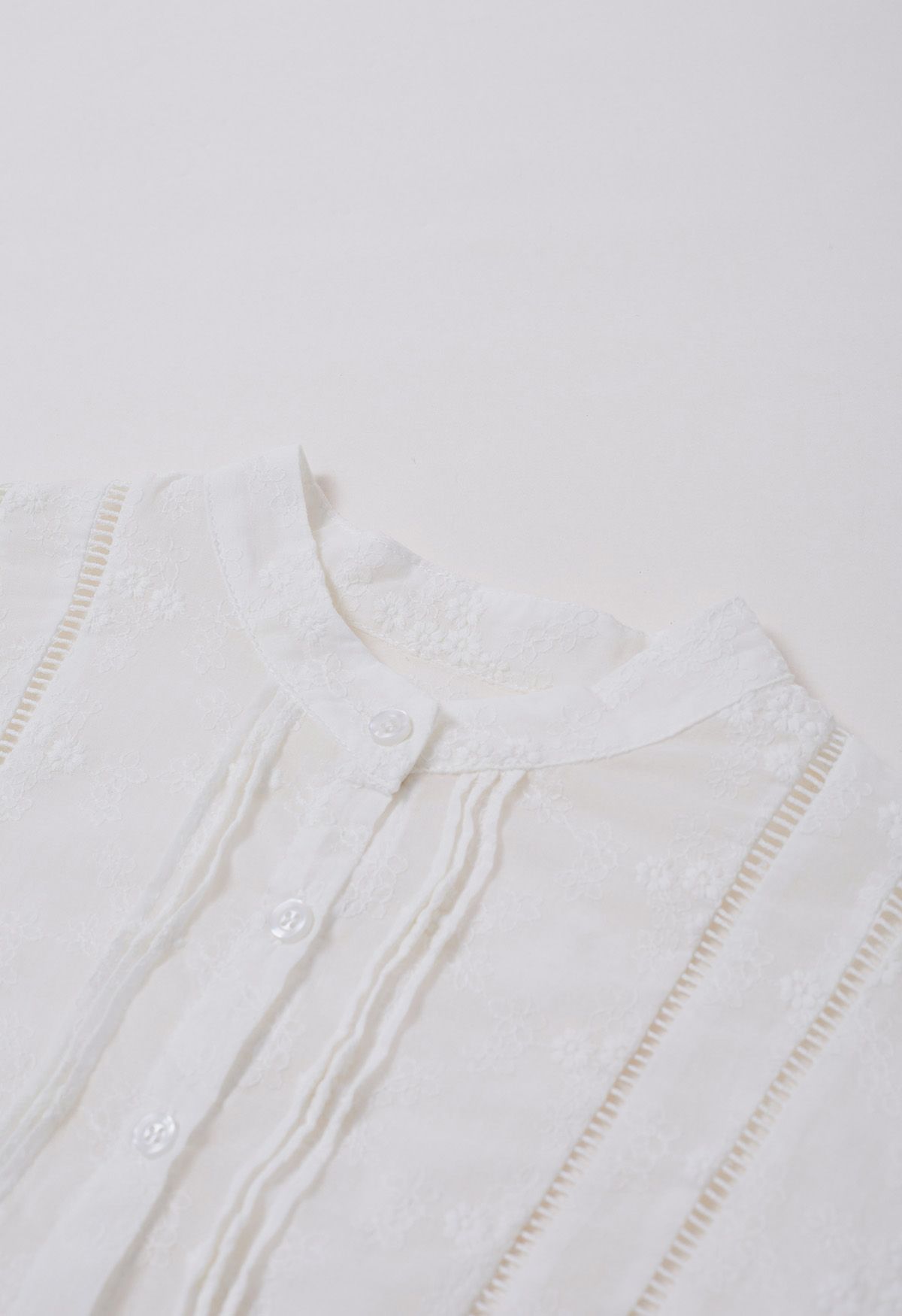 Floret Embroidered Pintuck Button Down Shirt in White