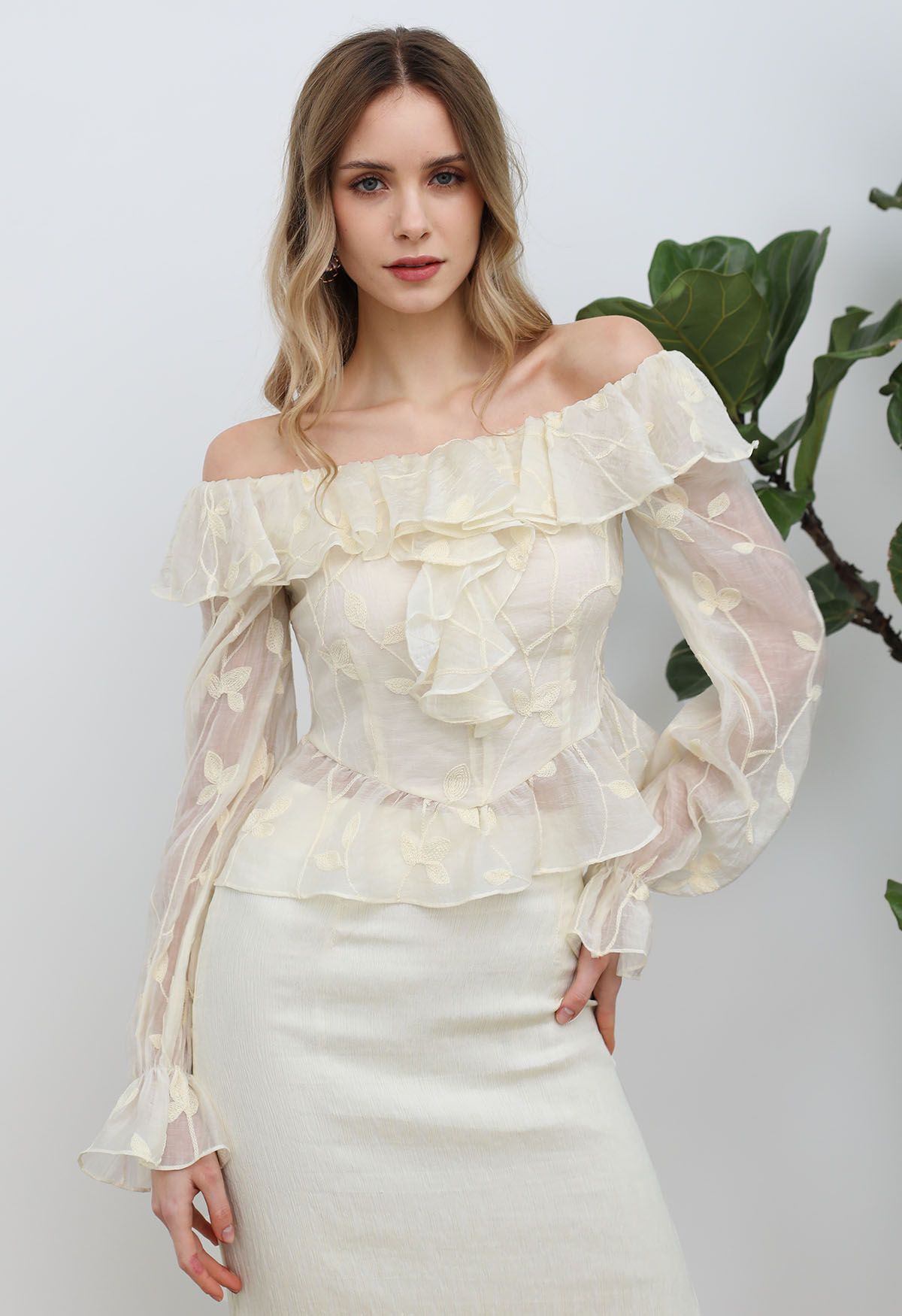 Branch Embroidery Ruffle Off-Shoulder Top