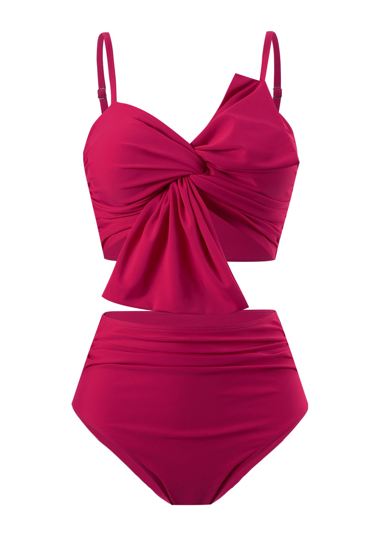 Front Knot Ruched Bikini Set in Hot Pink