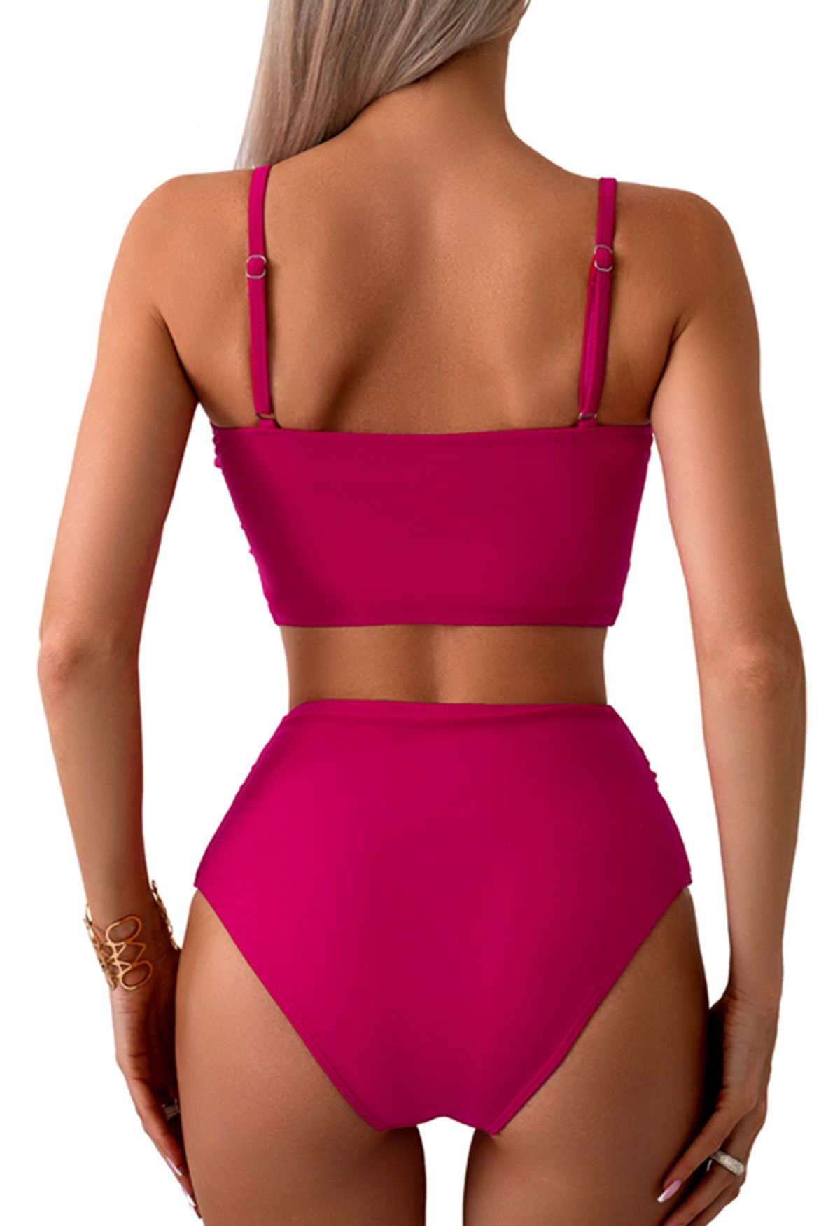 Front Knot Ruched Bikini Set in Hot Pink