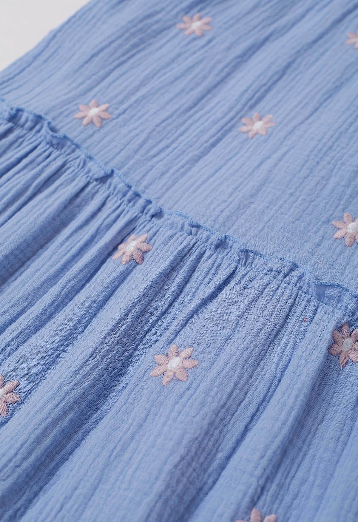 Floret Embroidery Square Neck Midi Dress in Blue