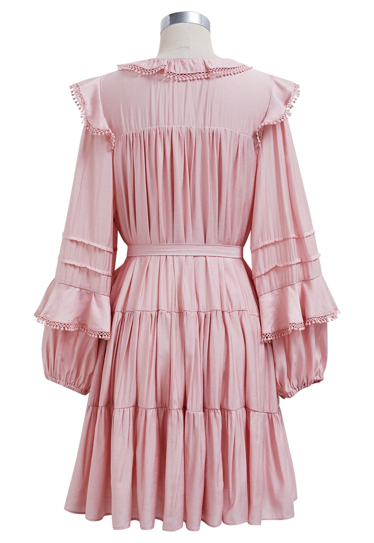 Fringe Detail Tiered Sleeve Mini Dress in Pink