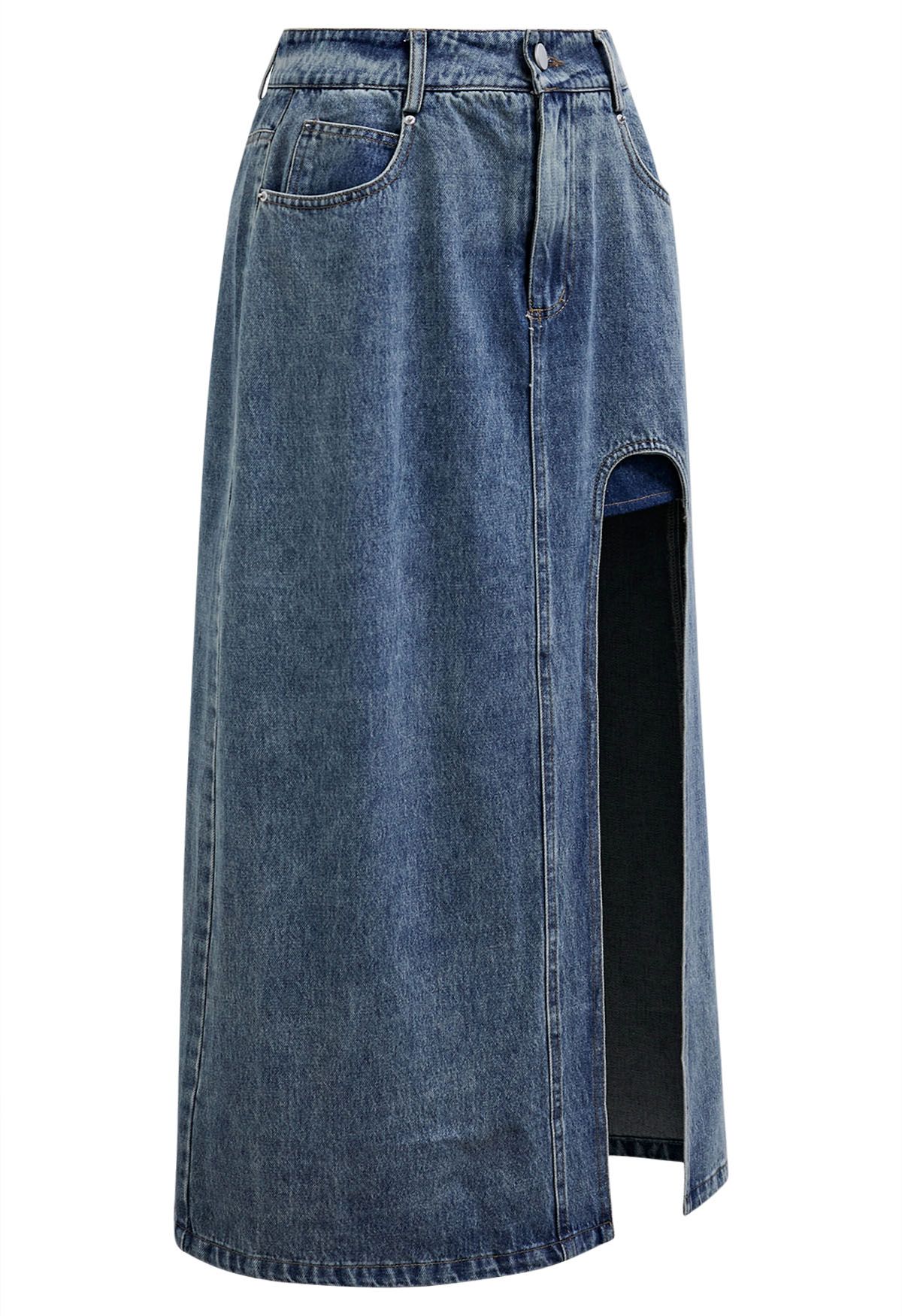 Weekend Vibes High Split Denim Skirt in Blue