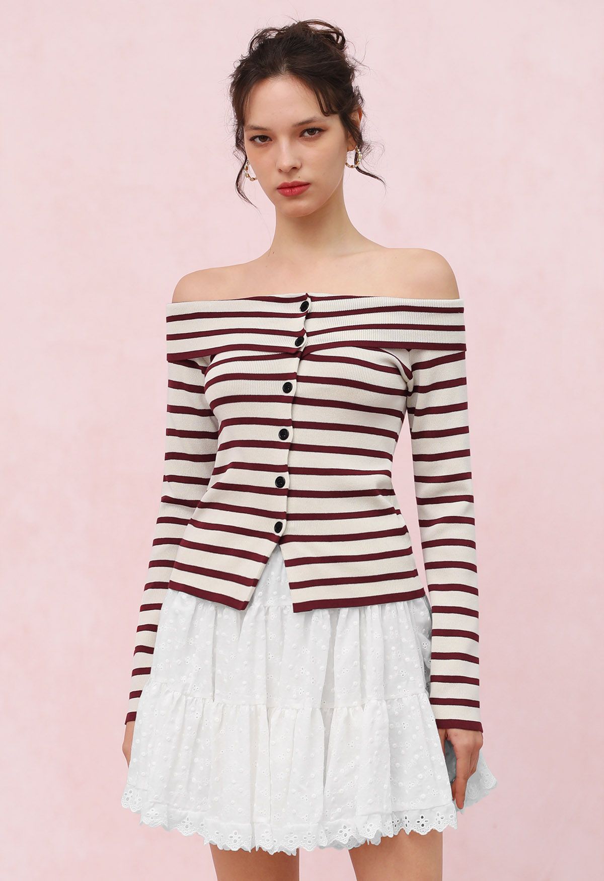 Off-Shoulder Button Down Striped Knit Top in Red