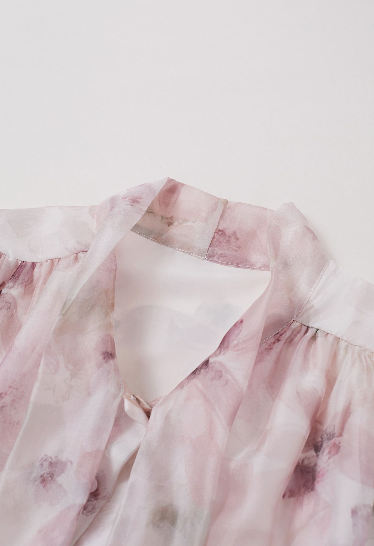 Bowknot Neck Watercolor Floral Sheer Shirt in Pink