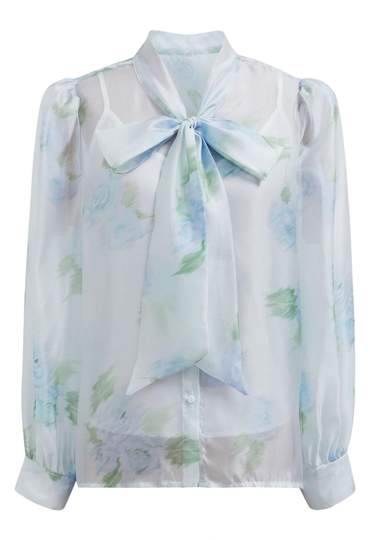 Enthralling Watercolor Floral Bowknot Sheer Shirt in Blue