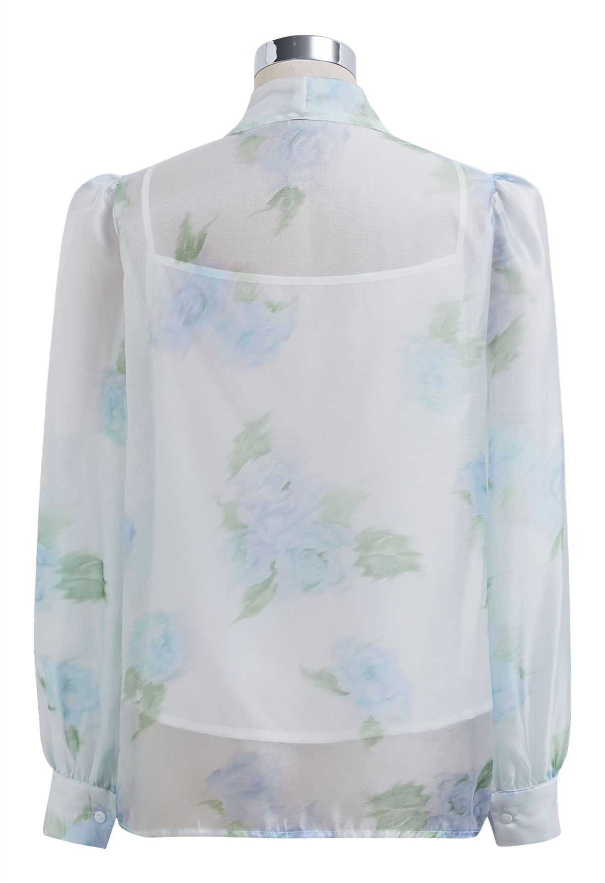 Enthralling Watercolor Floral Bowknot Sheer Shirt in Blue