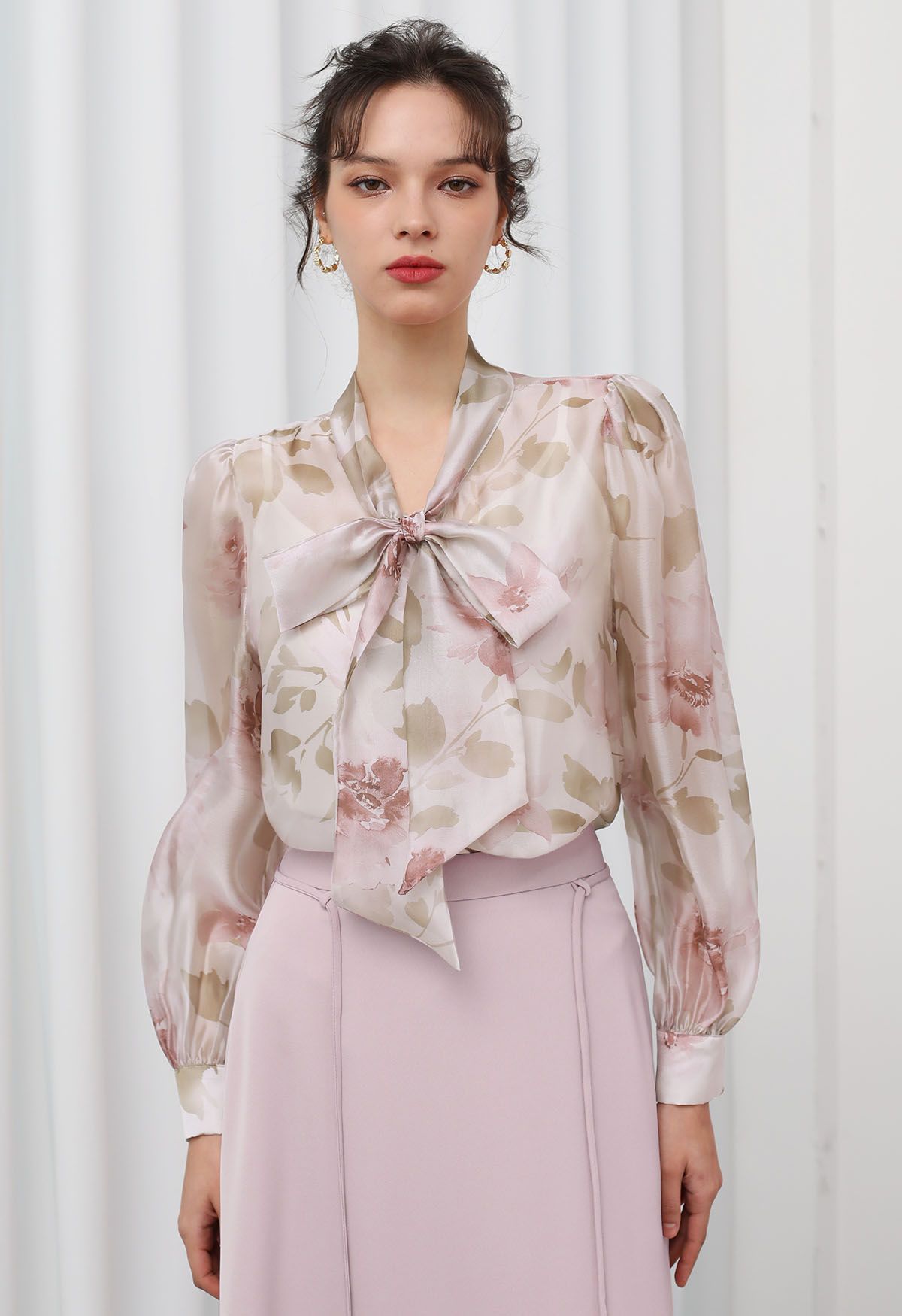 Enthralling Watercolor Floral Bowknot Sheer Shirt in Pink