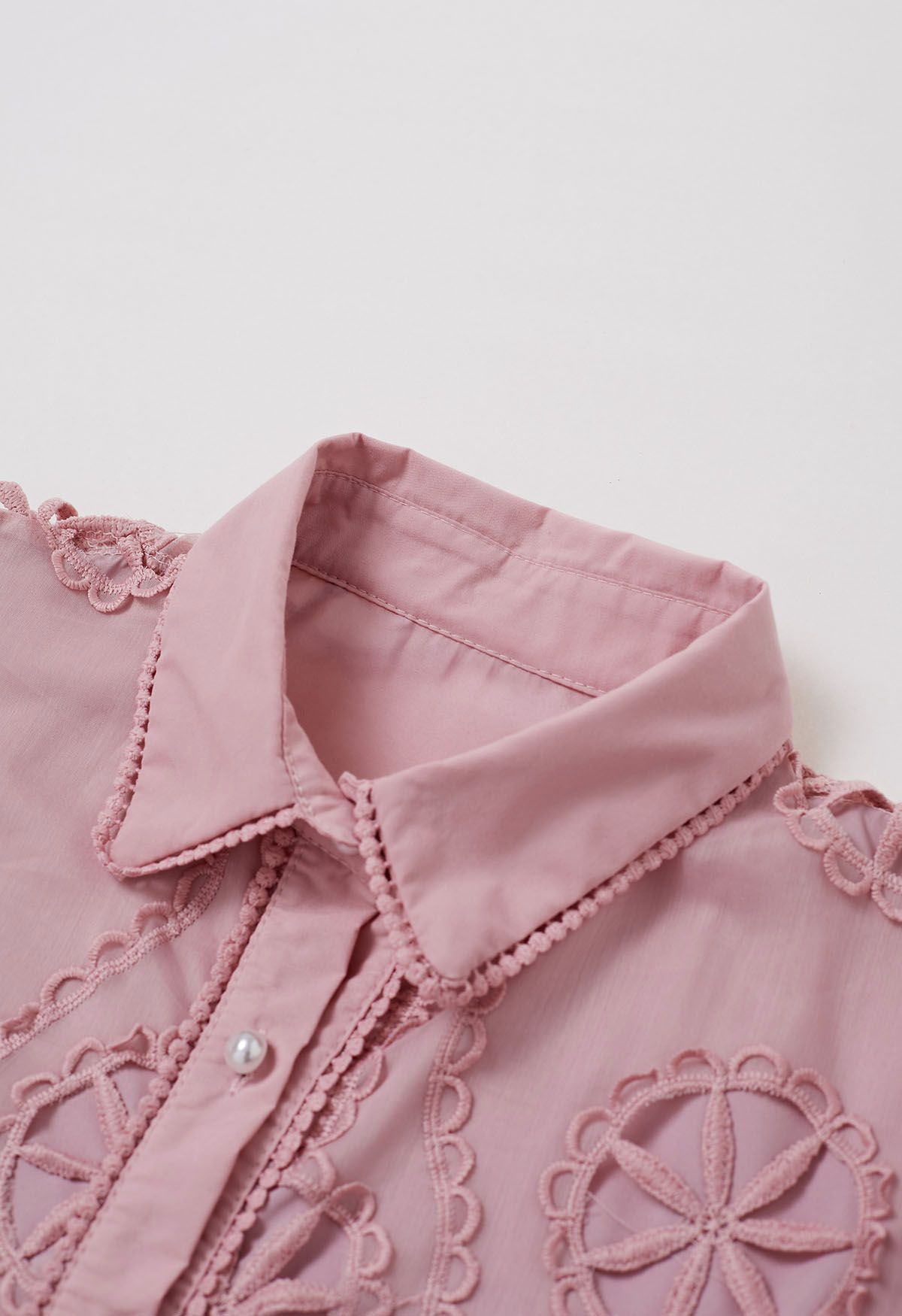 Cutwork Crochet Button Down Midi Dress in Pink