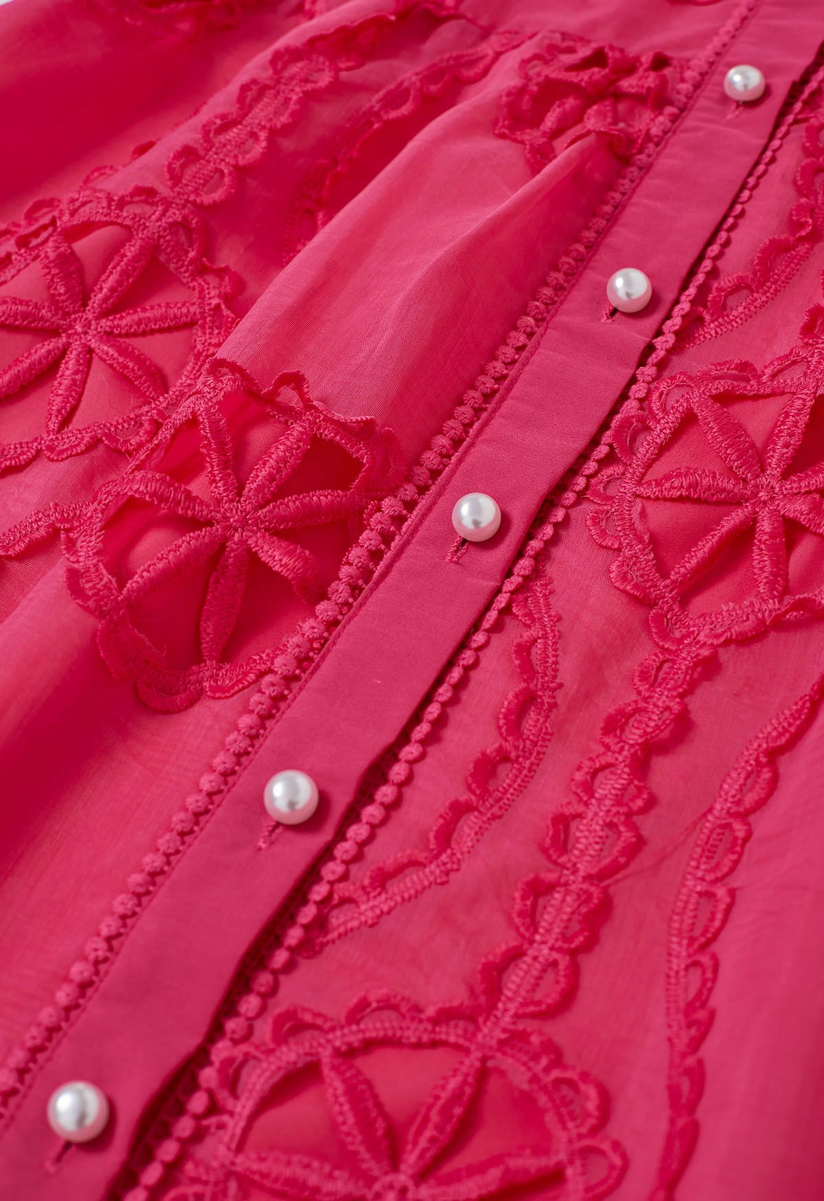 Cutwork Crochet Button Down Midi Dress in Hot Pink