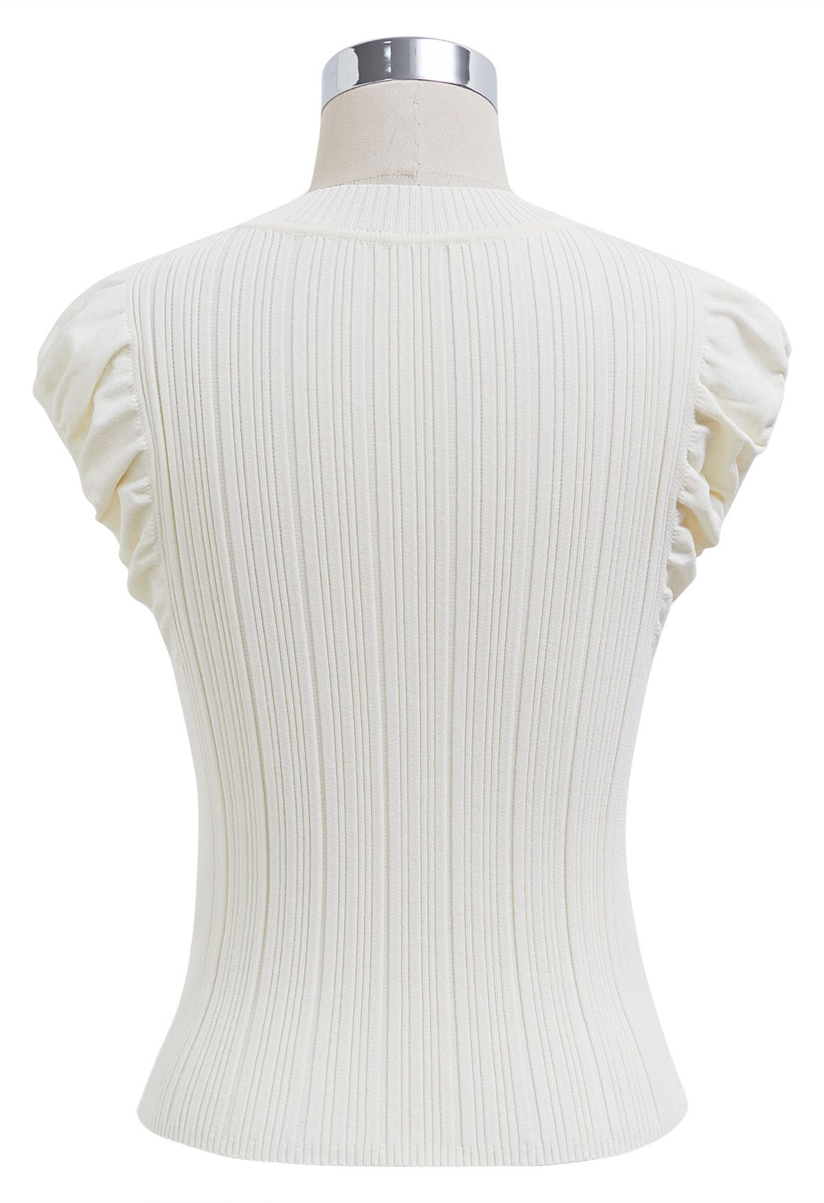 Choker Neck Ruched Cap Sleeves Knit Top in Cream