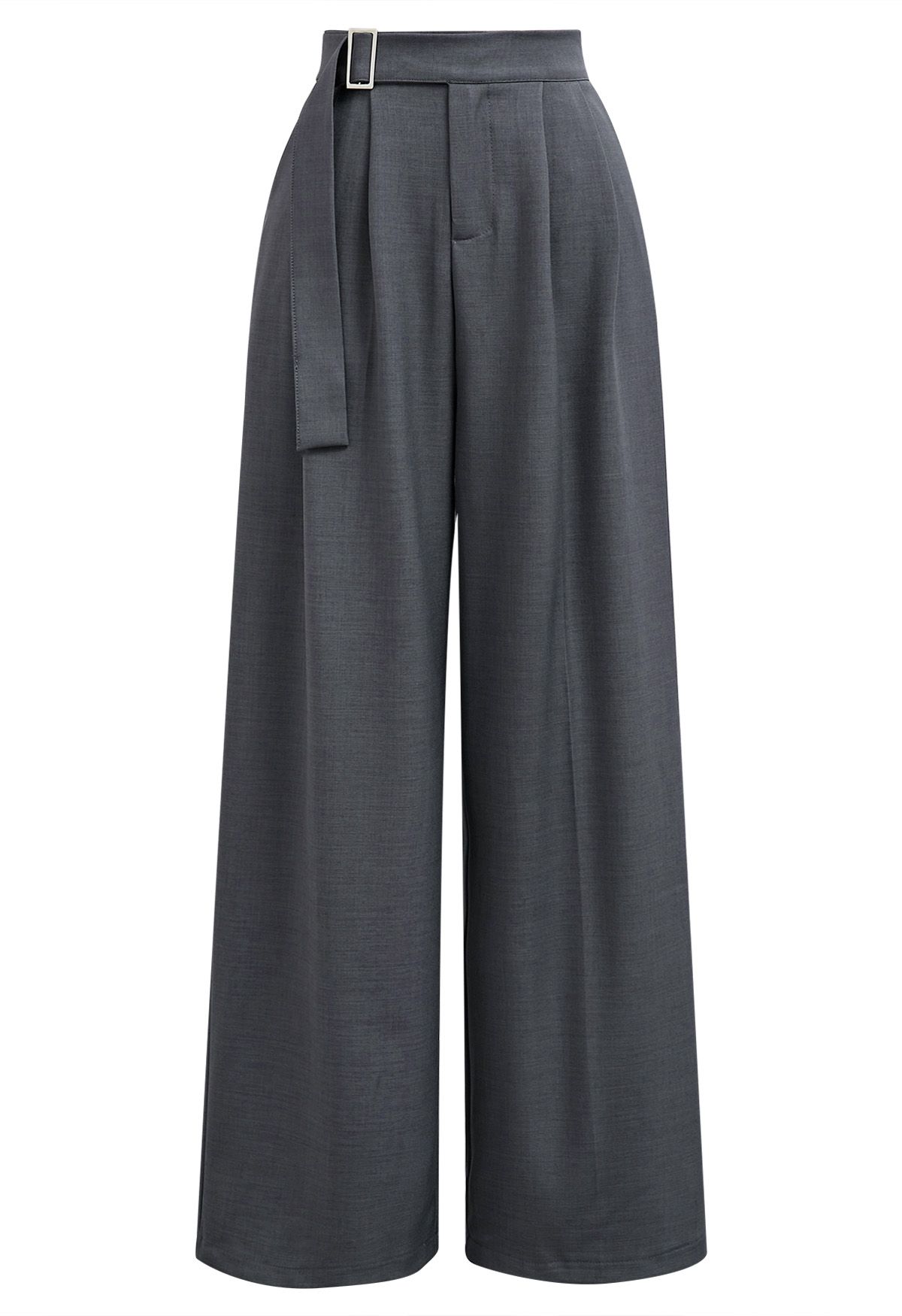 Solid Belted High Waist Wide-Leg Pants in Grey