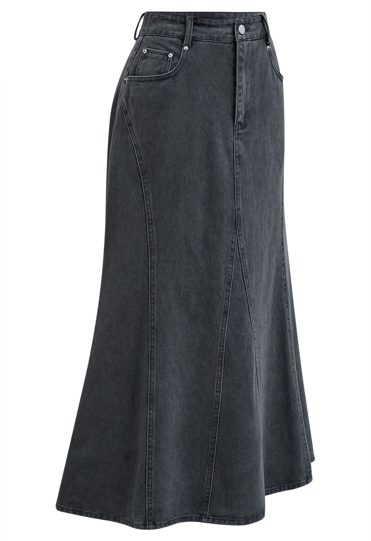Seam Detailing Side Pockets Denim Skirt in Smoke