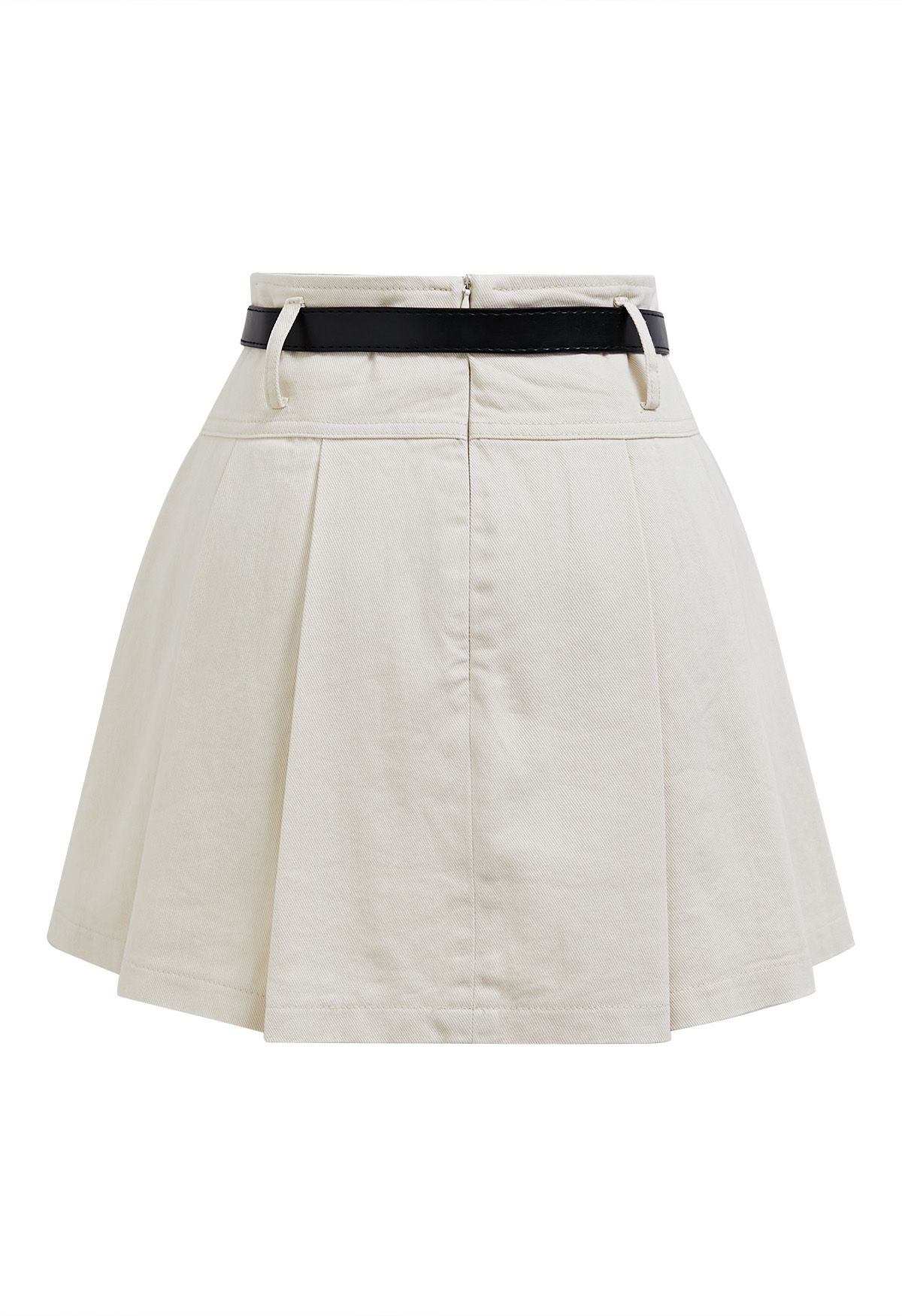 Classic Pleat Denim Mini Skirt with Belt in Ivory