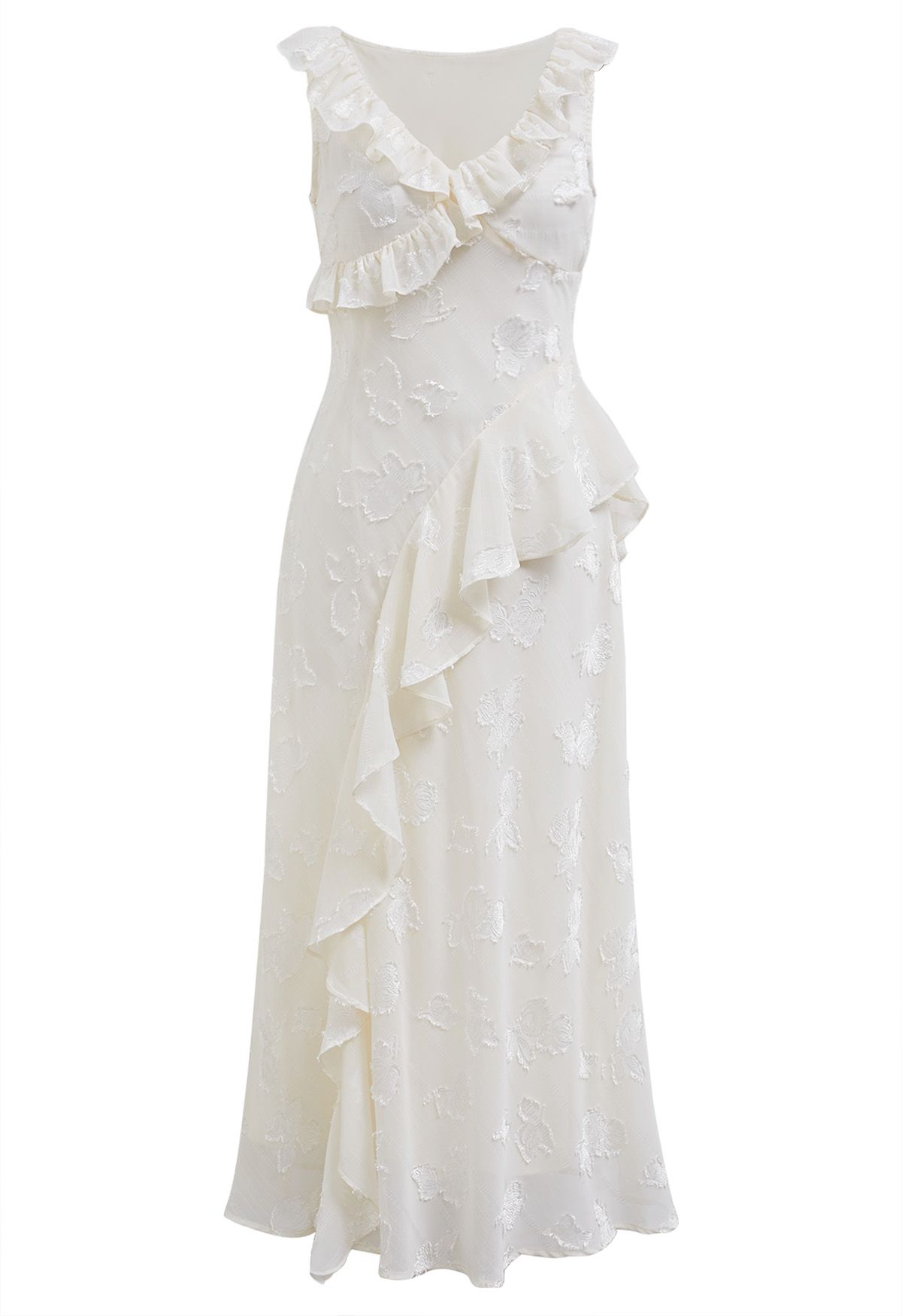 Burnout Rose Ruffle Edge V-Neck Midi Dress in Cream