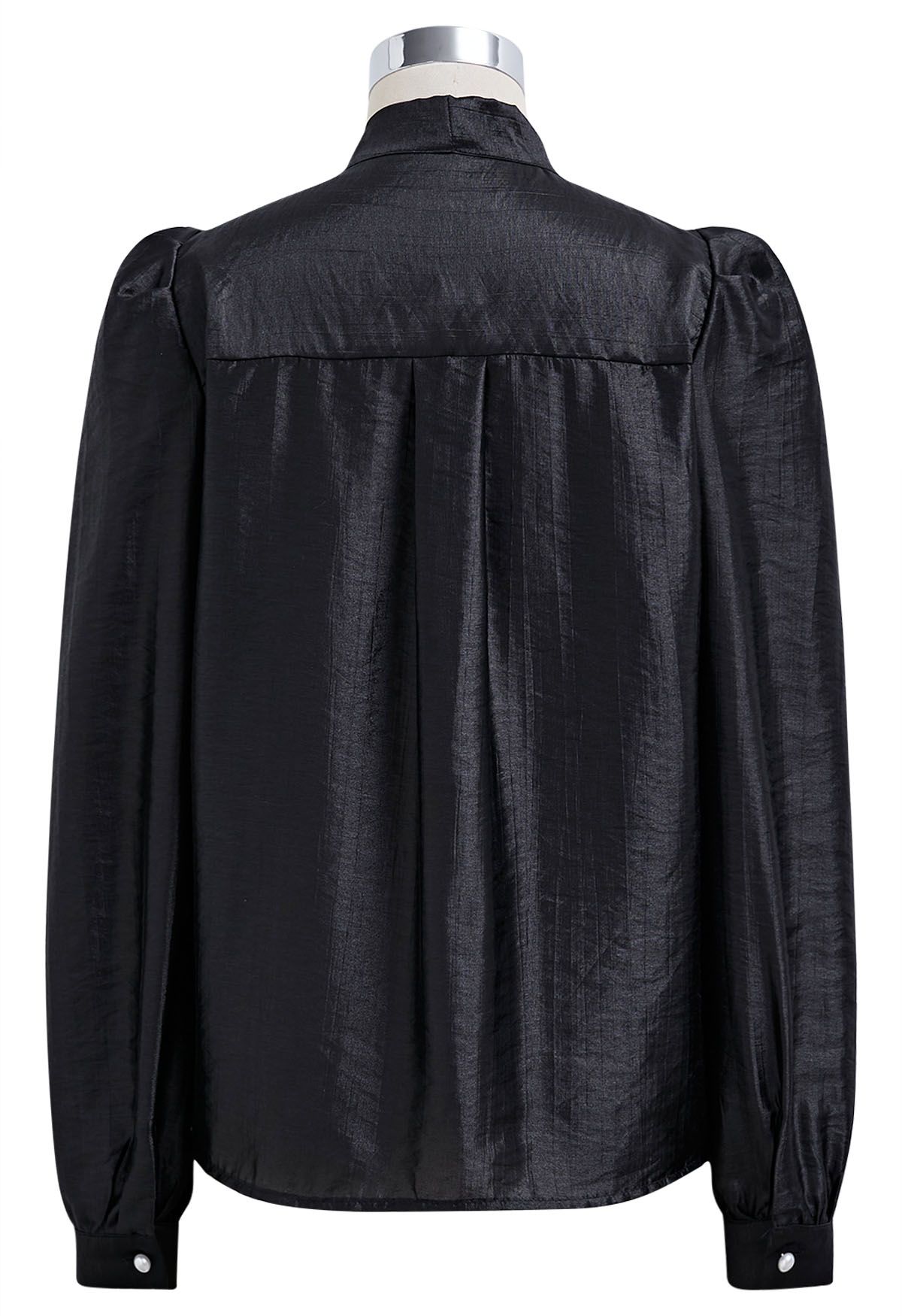 Texture Satin Self-Tie Bowknot Shirt in Black