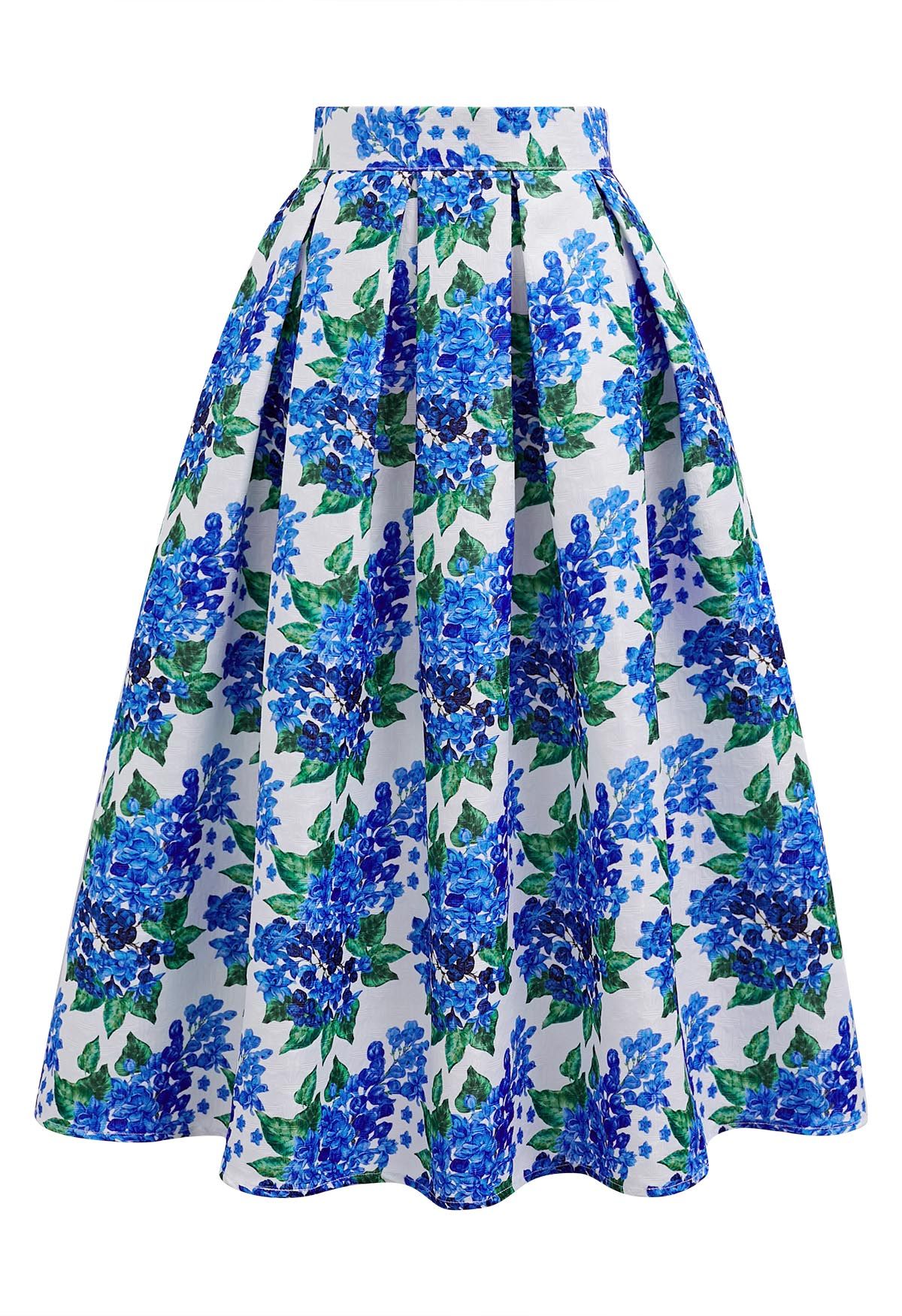 Blue Floral Romance Pleated Midi Skirt