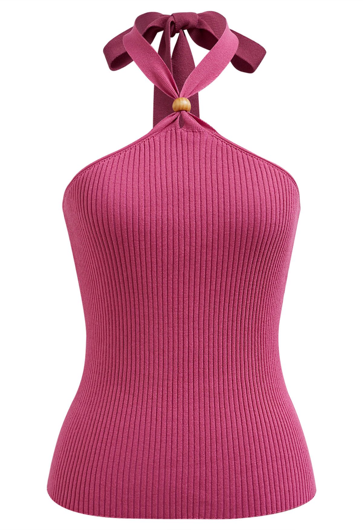 Wooden Bead Decor Halter Knit Top in Hot Pink