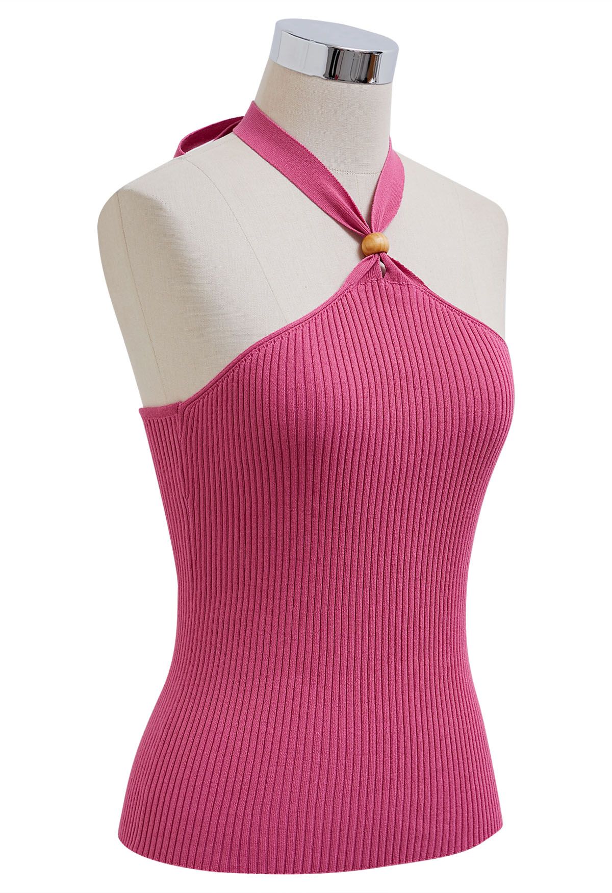 Wooden Bead Decor Halter Knit Top in Hot Pink