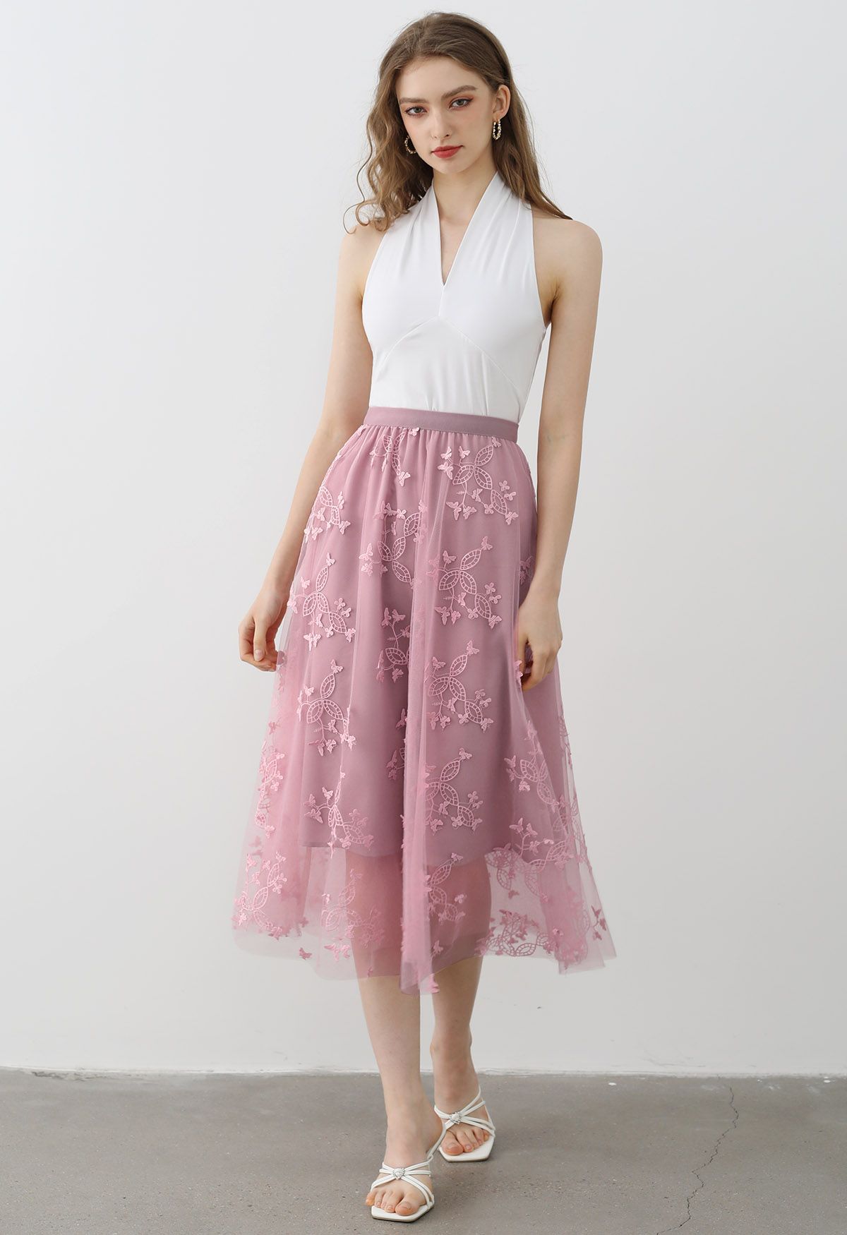 Cutie Butterfly Embroidered Mesh Tulle Midi Skirt