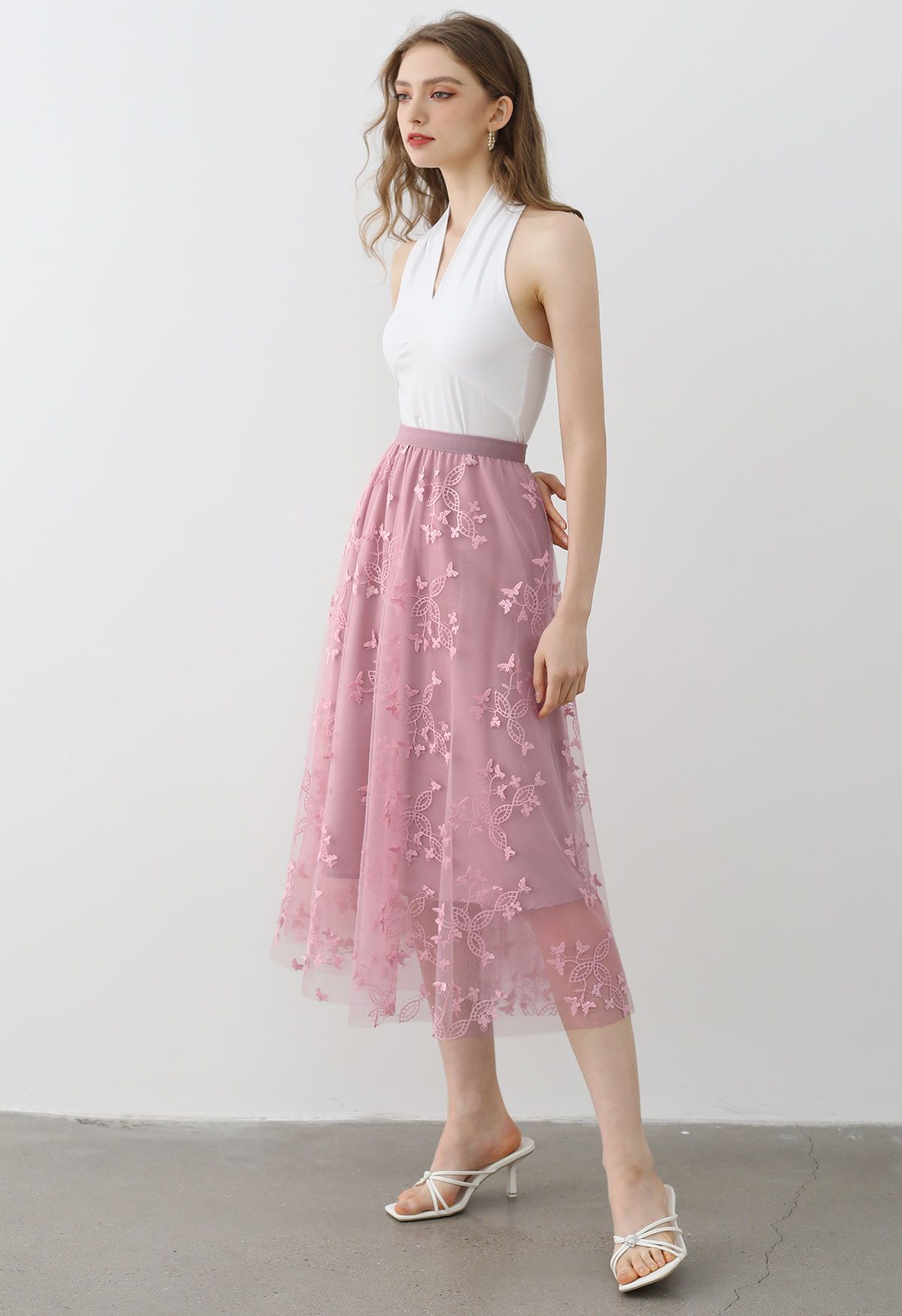 Cutie Butterfly Embroidered Mesh Tulle Midi Skirt