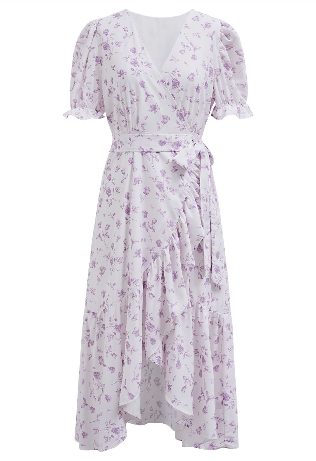 Watercolor Rose Print Wrap Midi Dress in Lilac