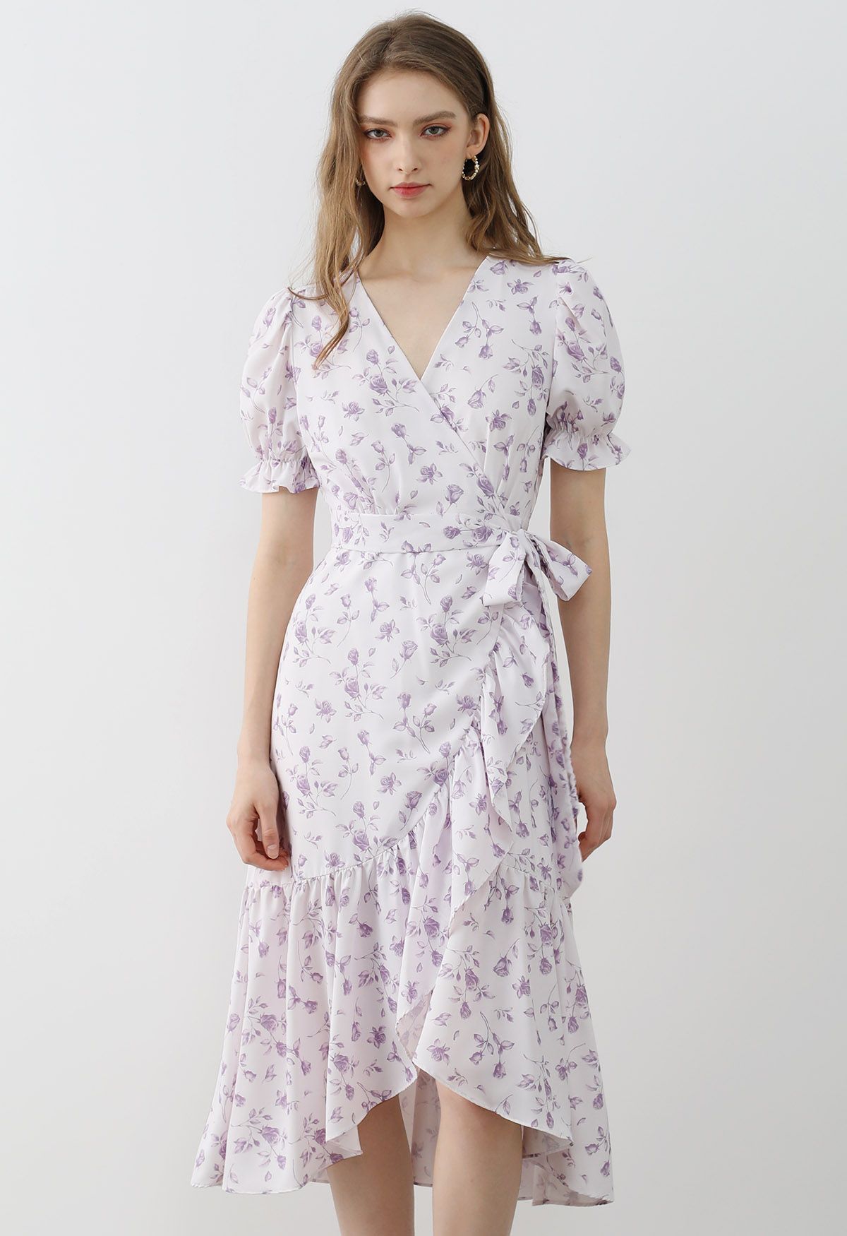 Watercolor Rose Print Wrap Midi Dress in Lilac