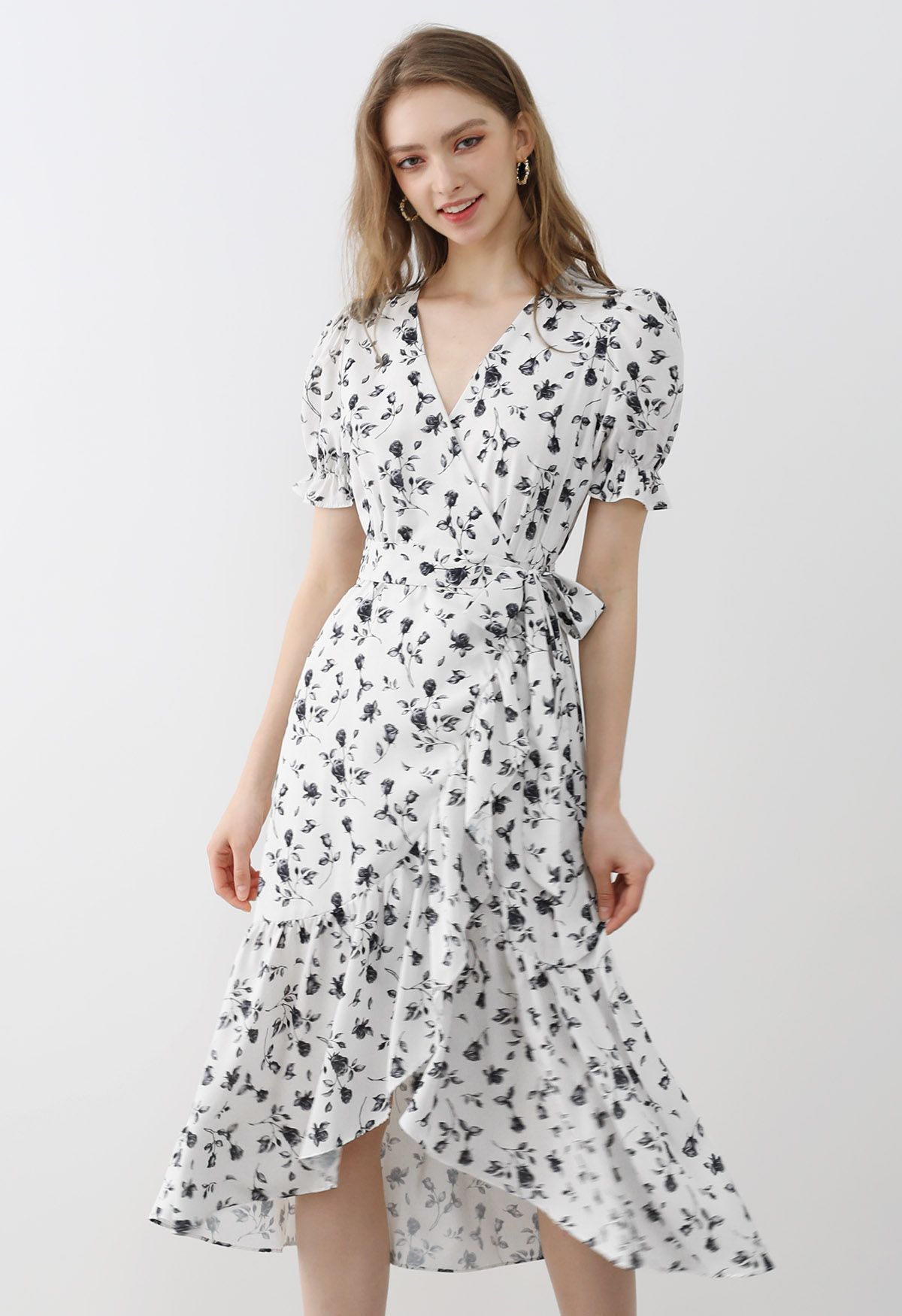 Watercolor Rose Print Wrap Midi Dress in Black