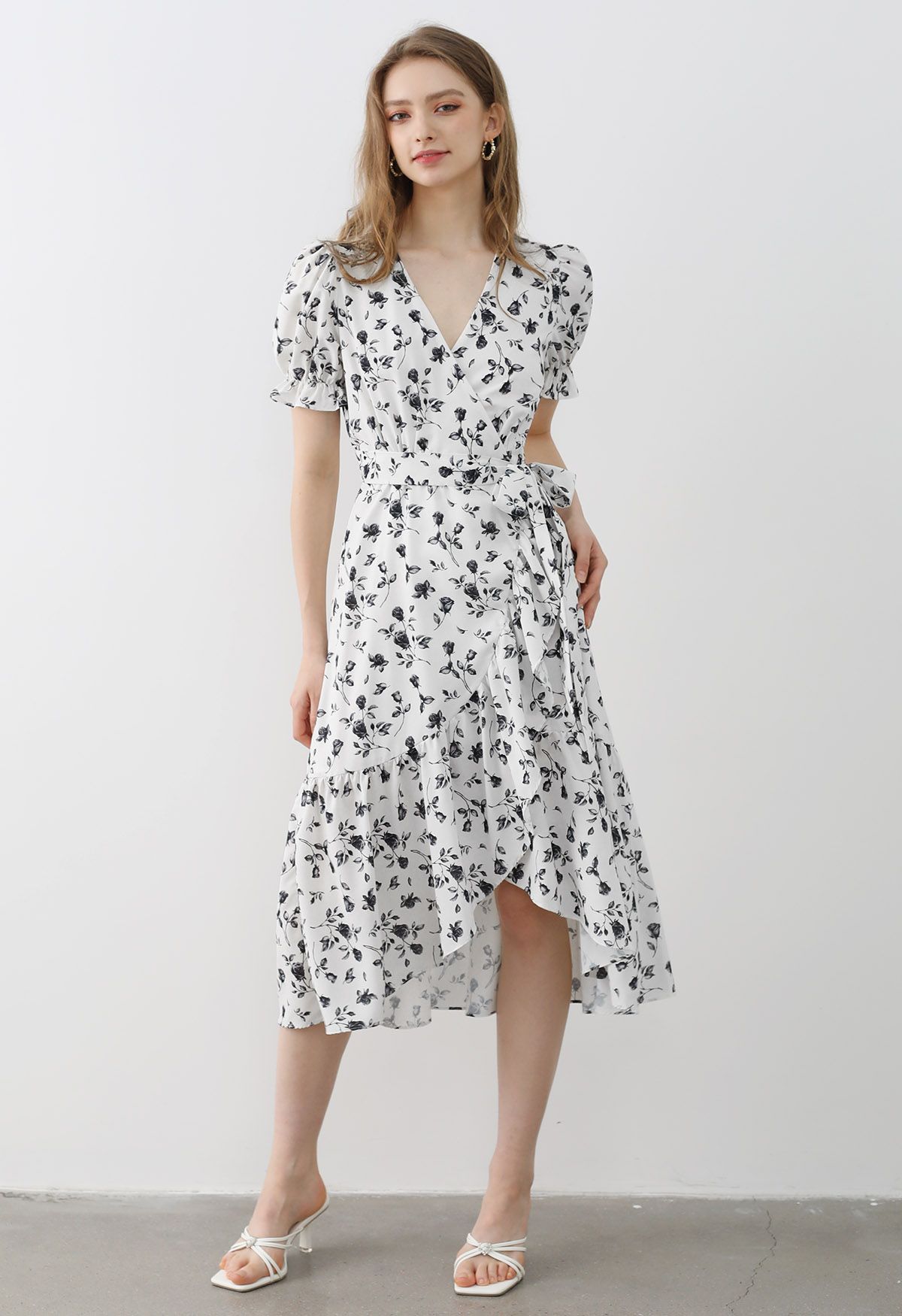 Watercolor Rose Print Wrap Midi Dress in Black