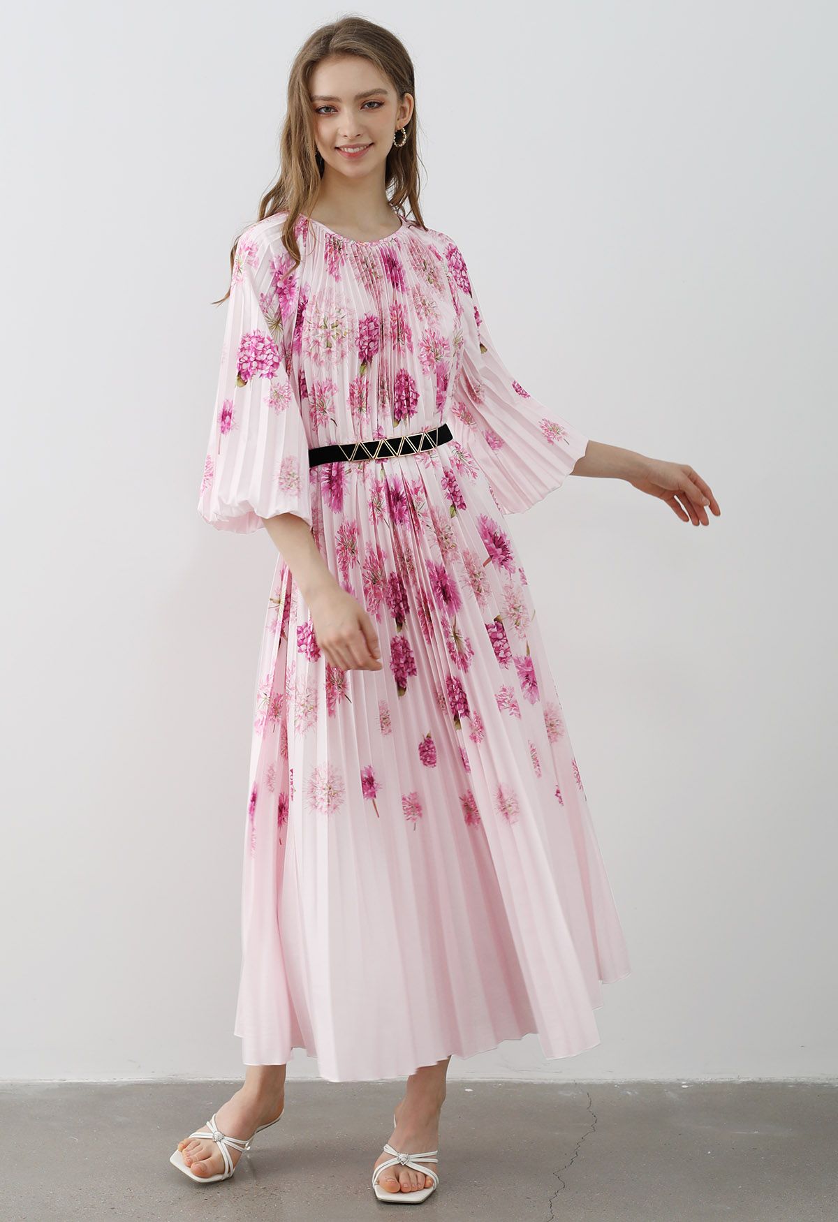 Blossoming Day Watercolor Pleated Maxi Dress in Pink