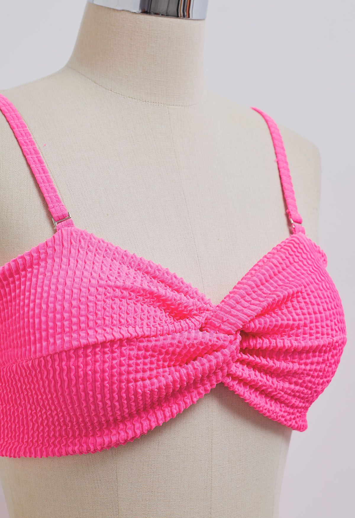 Three-Piece Wavy Texture Twist Bikini Set in Hot Pink