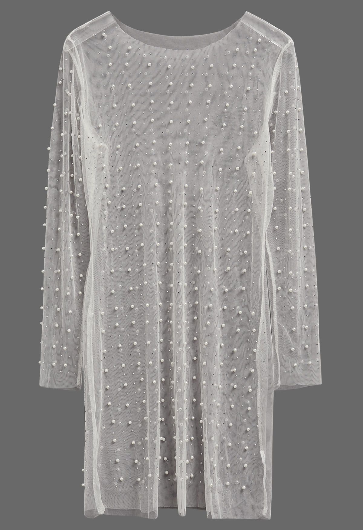 Full Pearl Embellished Sheer Mesh Cover-Up Dress in White