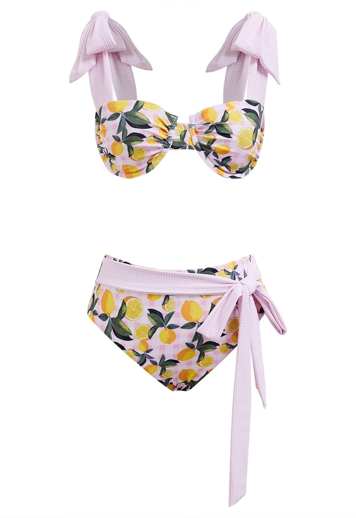 Bowknot Lemon Print Gingham Pattern Bikini Set