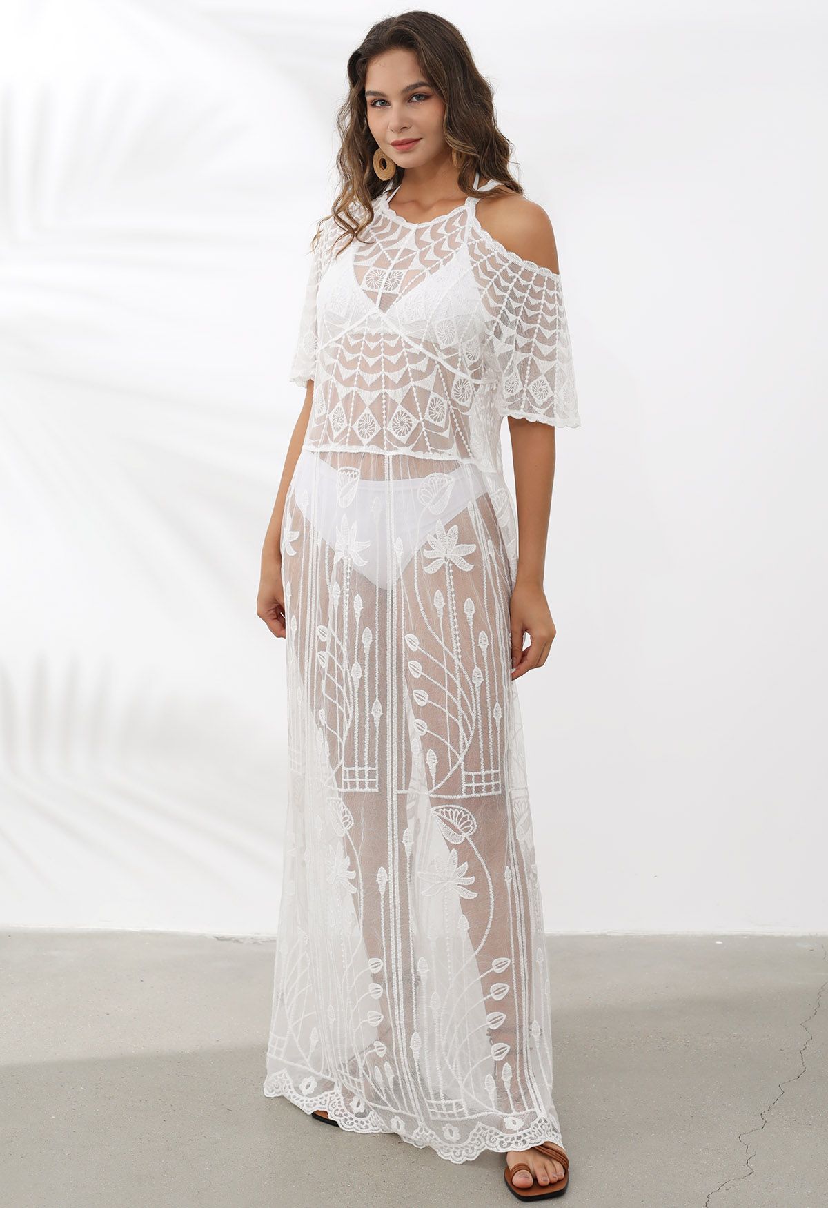 Embroidered Lace Cutout Shoulder Cover-Up Dress