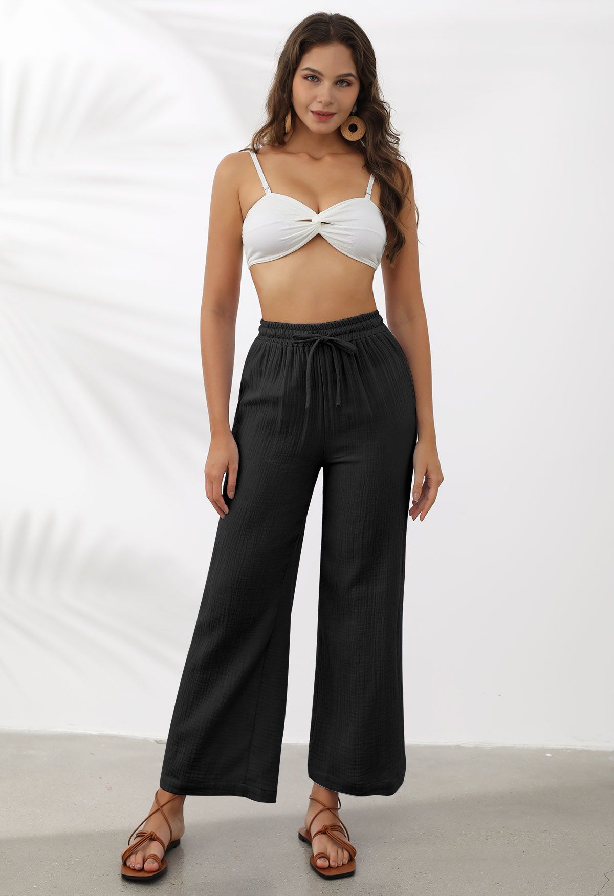 Lightweight Cotton Drawstring Pants in Black